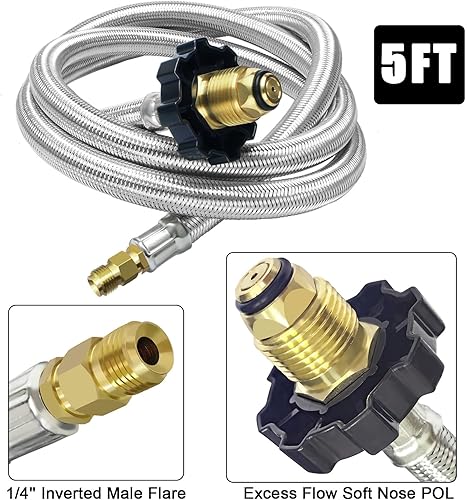 Miniatura 4 de Kit de 4 puertos de latón propano con manguera trenzada de acero inoxidable de 5 pies y 12 pies, el kit de adaptador de T permite la conexión entre