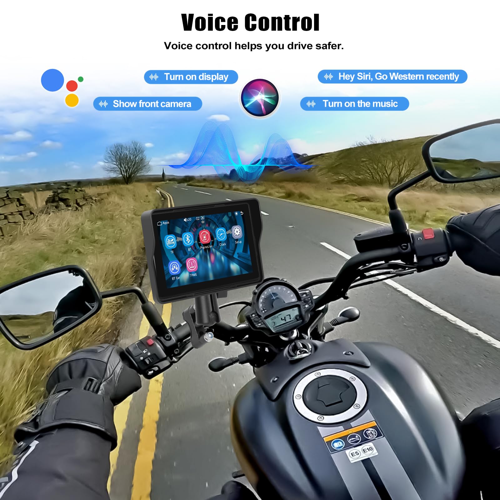 CAMECHO [2026] Carplay Motorrad Dash Navi Display für Moto, 5 Zoll HD-Touchscreen Wasserdicht Motorcycle Navigationsgeräte mit Wireless Carplay Android Auto Bluetooth GPS FM EQ Ton