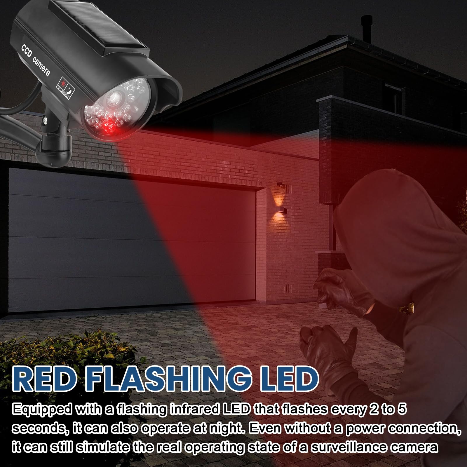 Sporgo 2 pièces Caméra factice Extérieur: Caméra de surveillance factice solaire avec lumière LED rouge clignotante, caméra de surveillance factice caméra de sécurité factice pour intérieur et