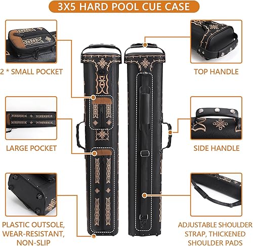 Miniatura 2 de 3x5 Hard Pool Cue Case 3B5S Billiard Stick Carrying Cue Case Leatherette Embroidery Design