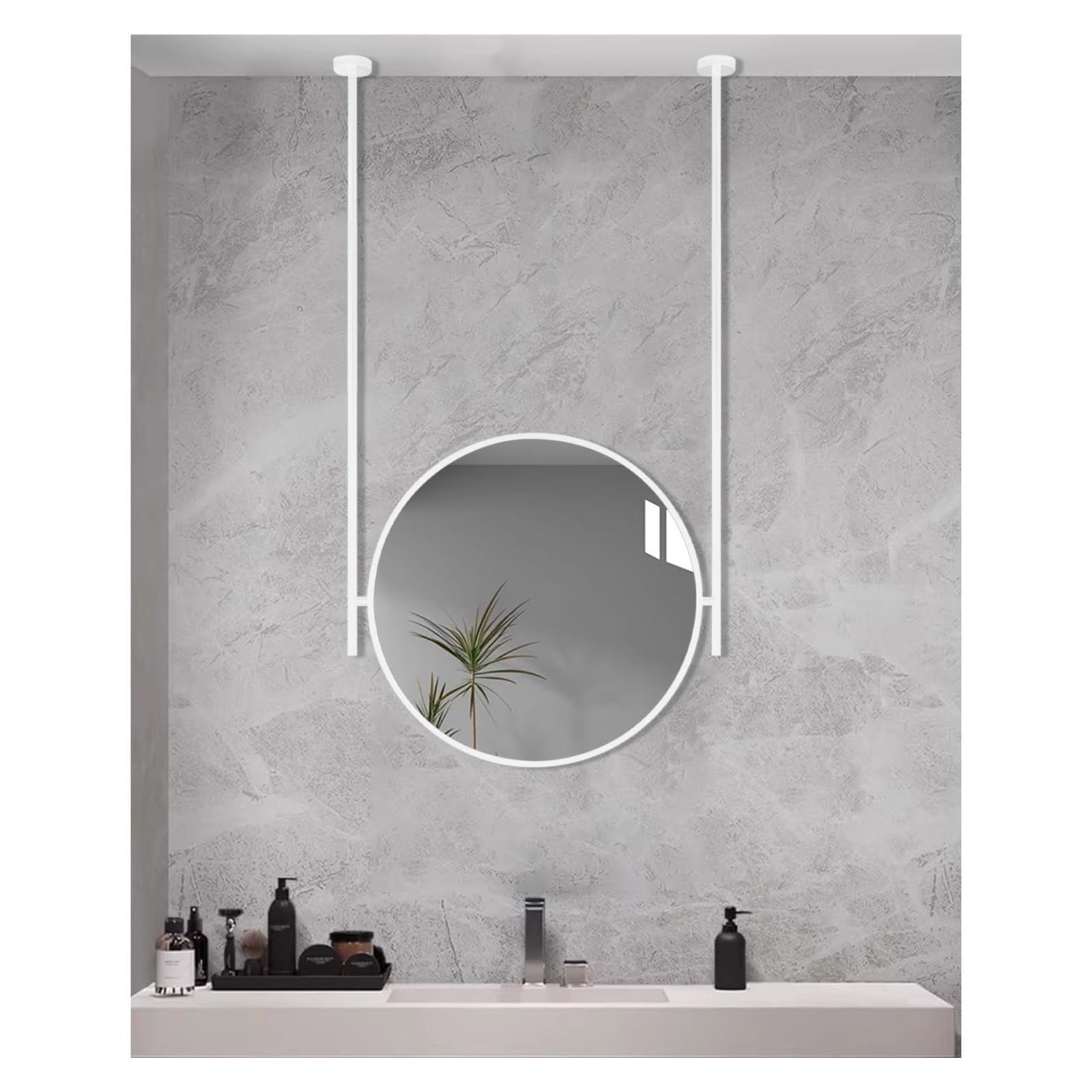 Okrągłe lustro sufitowe z białą metalową ramą i prętem, idealne do łazienki, toalety, makijażu, golenia, salonu, garderoby, wejścia (50 cm x pręt - 100 cm)