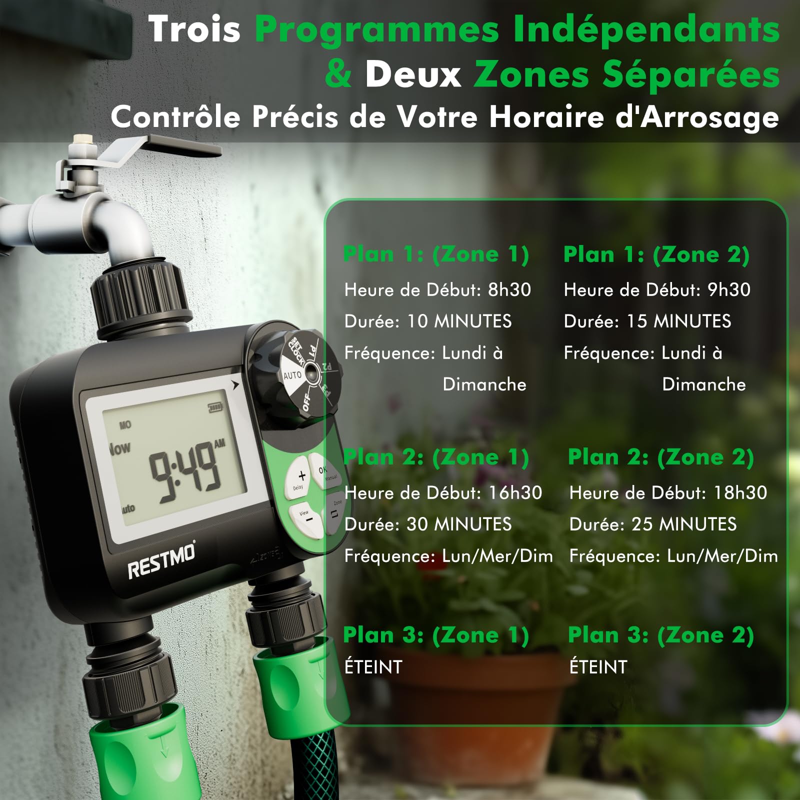 Restmo Programmateur arrosage Minuteur d'arrosage programmable sur 7 Jours | 3 programmes séparés, contrôle automatique/manuel/retard de pluie pour irrigation goutte à goutte 2 zones