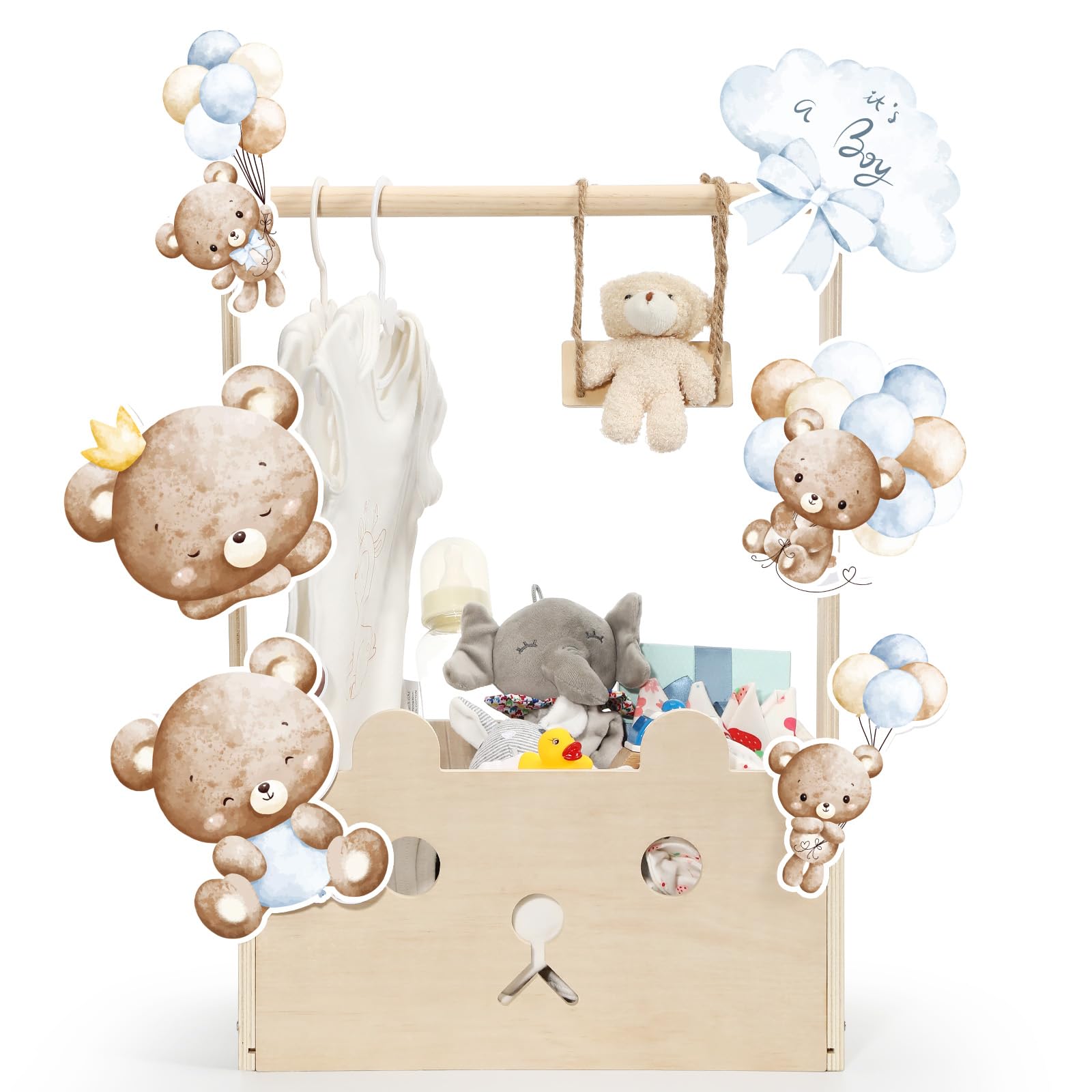 Cinnvoice Geschenkkörbe für Babypartys, mit Aufhänger, Holzkiste, Schrank, Bärenkarten, Dekoration, Kiste für Babys, Jungen, Mädchen, Schwangerschaft, neue Eltern, Geschenke (Blau, It's a Boy)
