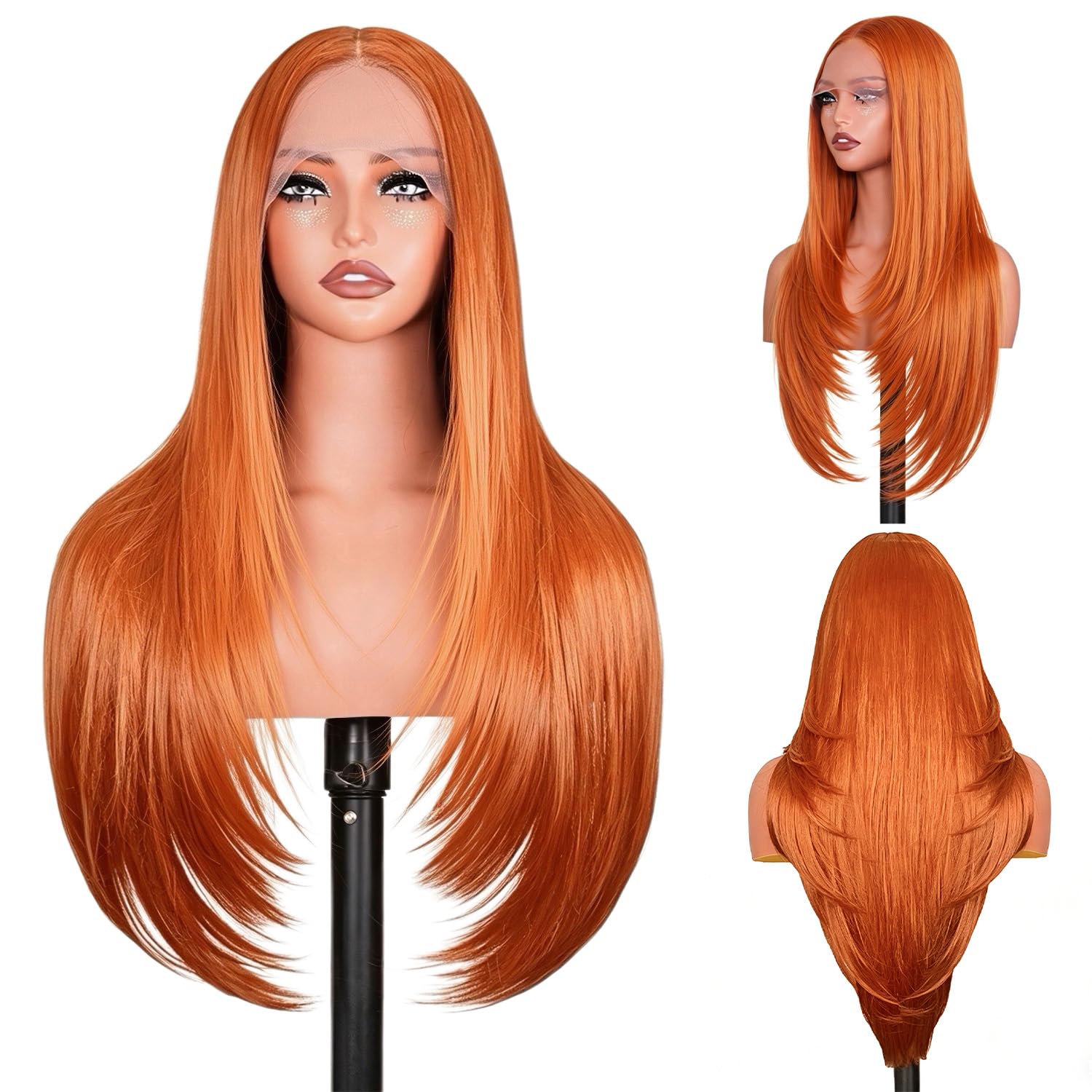 Blonde Synthetic Wig for Black Women 9x6 Lace Front Long Straight Layered with Curtain Bangs Heat Resistant Synthetic Wig with Pre Plucked Natural Hairline (613, 26 Inch)