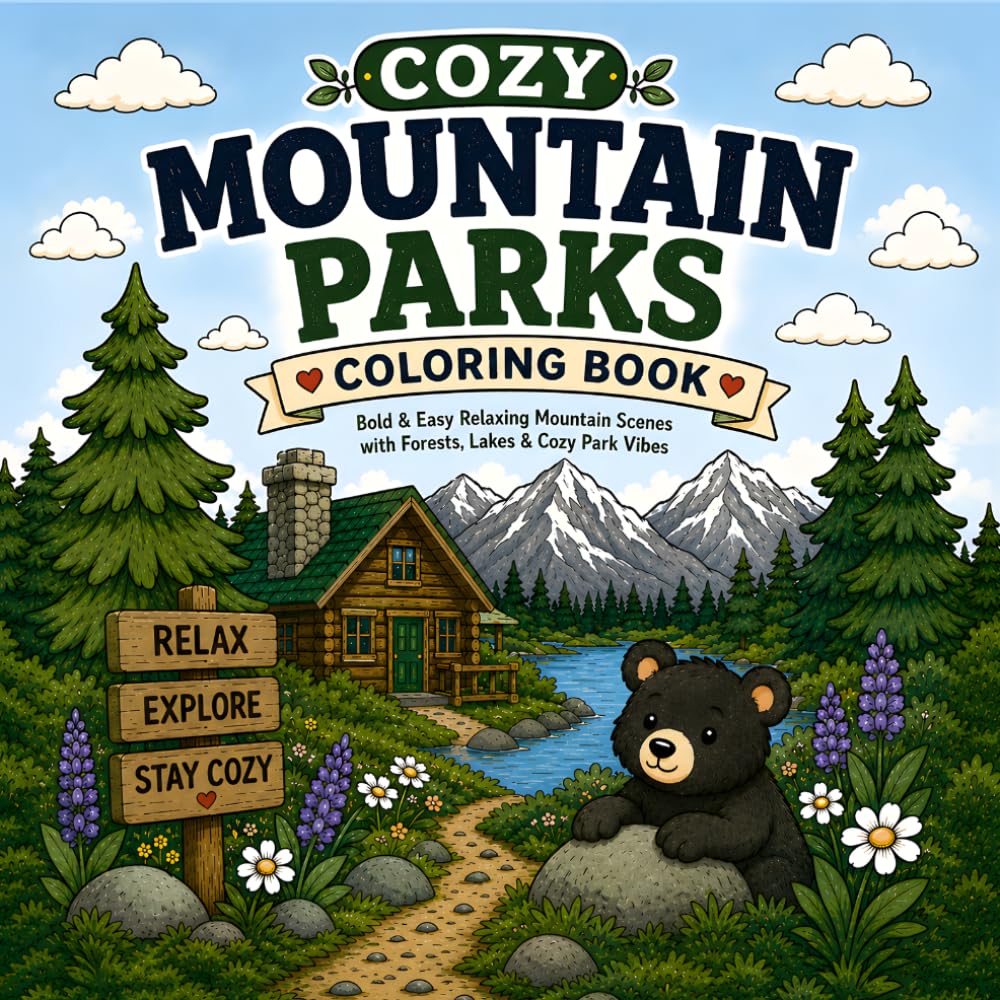 Cozy Mountain Parks Coloring Book: Bold & Easy Relaxing Mountain Scenes with Cabins, Wildlife, and Cozy Alpine Vibes (30 Page Studio)