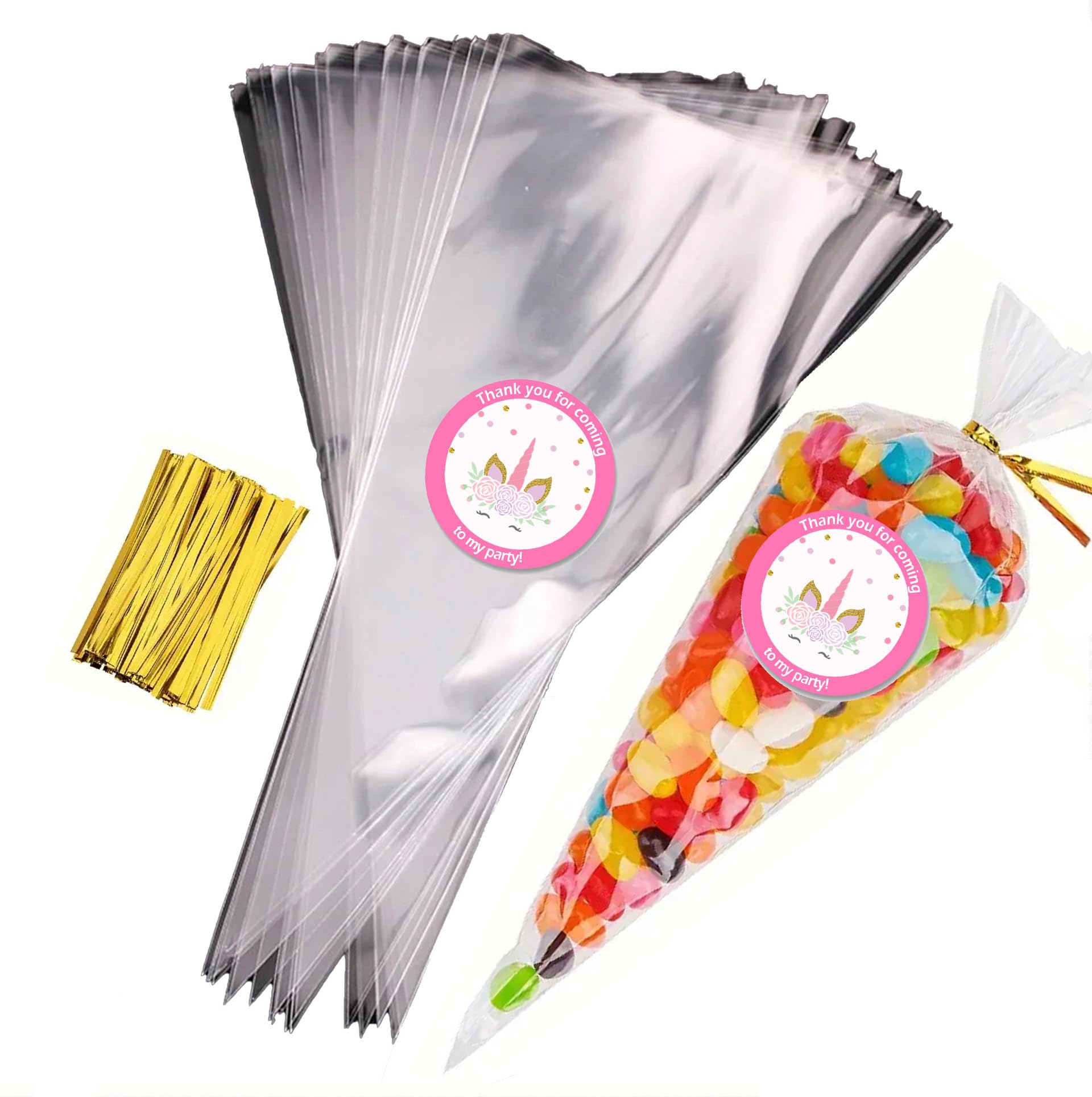 Treasured Forever Limited Unicorn Pink Sweet Cone Bags With Coloured Ties | Triangle Clear Cellophane Bags | Food Sweet Candy Popcorn Snacks | Brithday Baby Shower Fayres Events Festivals (, 100 Set)