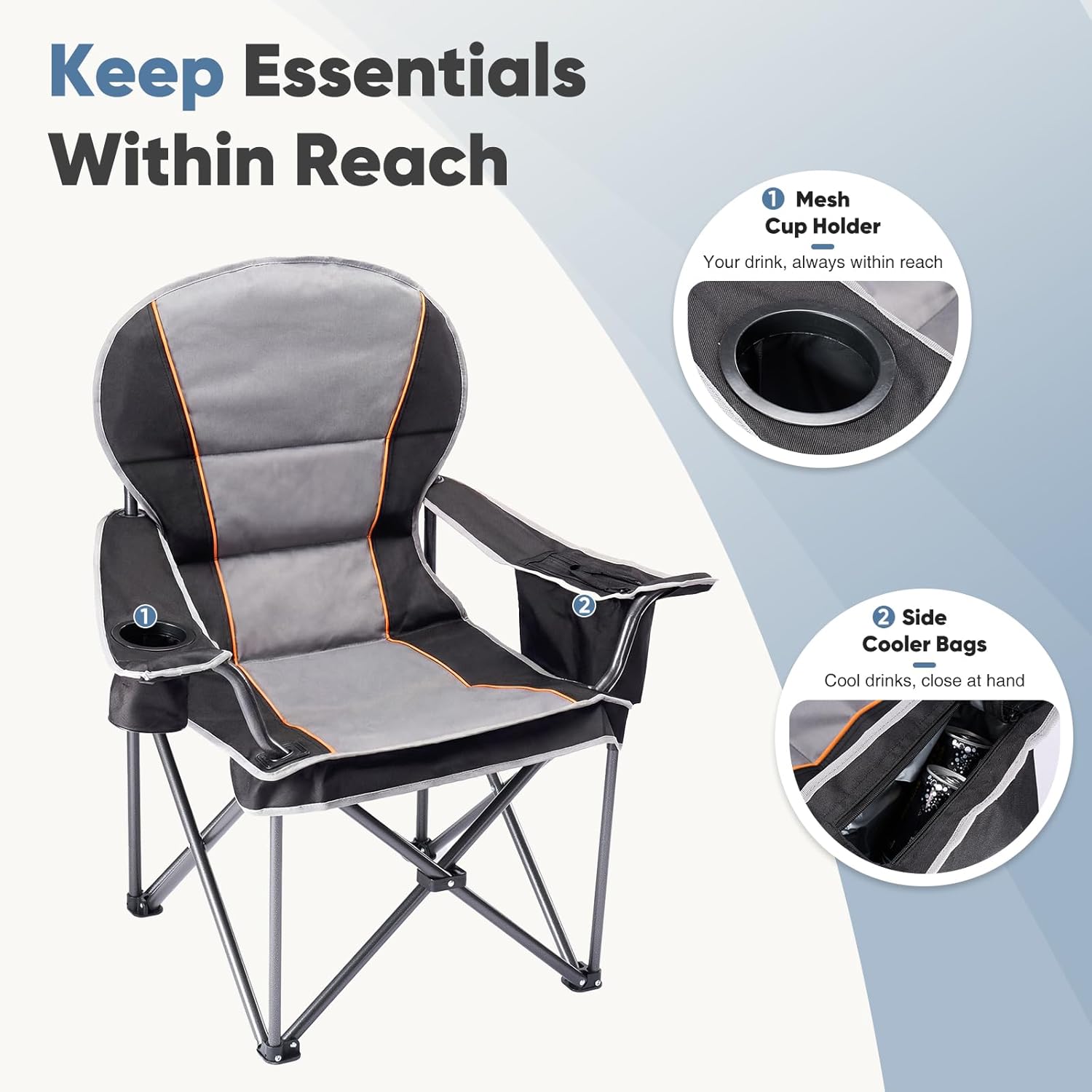 NEWBULIG Oversized Folding Camping Chair for Adults, Portable Outdoor Collapsible Chairs, 500 LBS Heavy Duty Support, with Cup Holders, for Lawn, Fishing, Hiking, Black