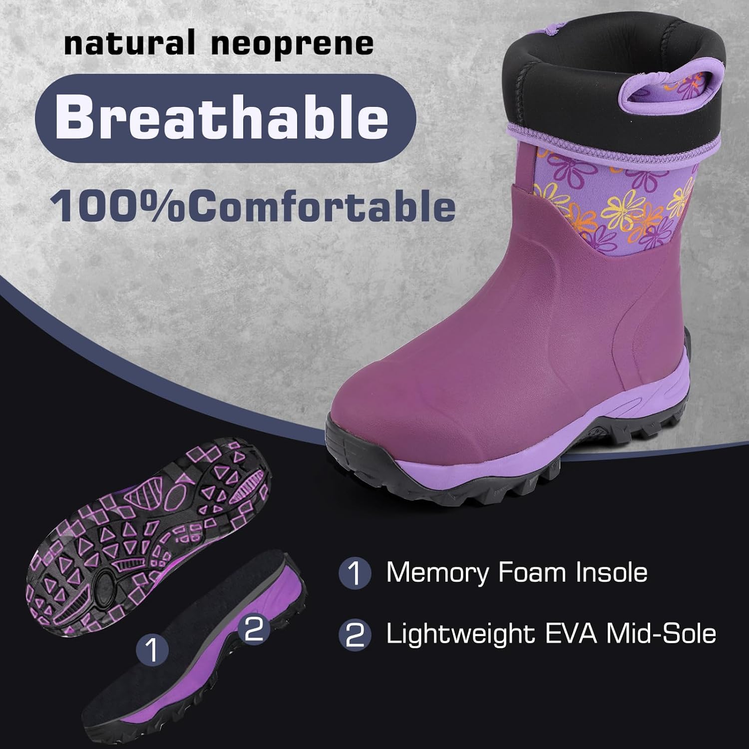 Hellorain Rain Boots for Women Mid Calf Rubber Boots Waterproof Neoprene Insulated Barn Boots for Girl Mud Working Gardening, Farming, Hiking Fishing Water Boots