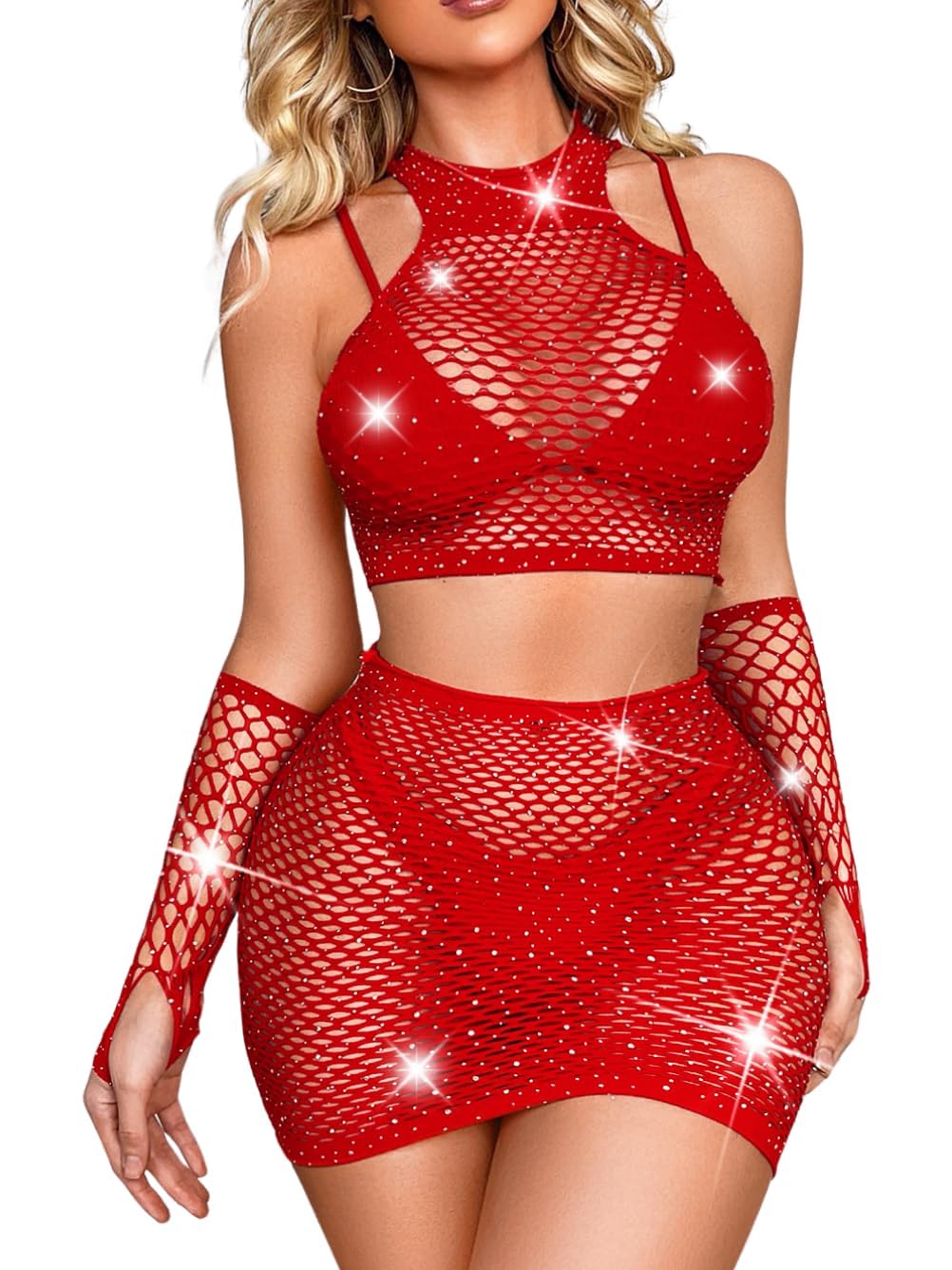 ssoshhub Lingerie Fishnet Two Piece Rhinestone Deep V Neck Teddy Babydoll Mesh Nightwear for Women Mesh Badydoll Fishnets Dresses See Through Lingerie Chemise Outfits with top, Hand Gloves-picture-10