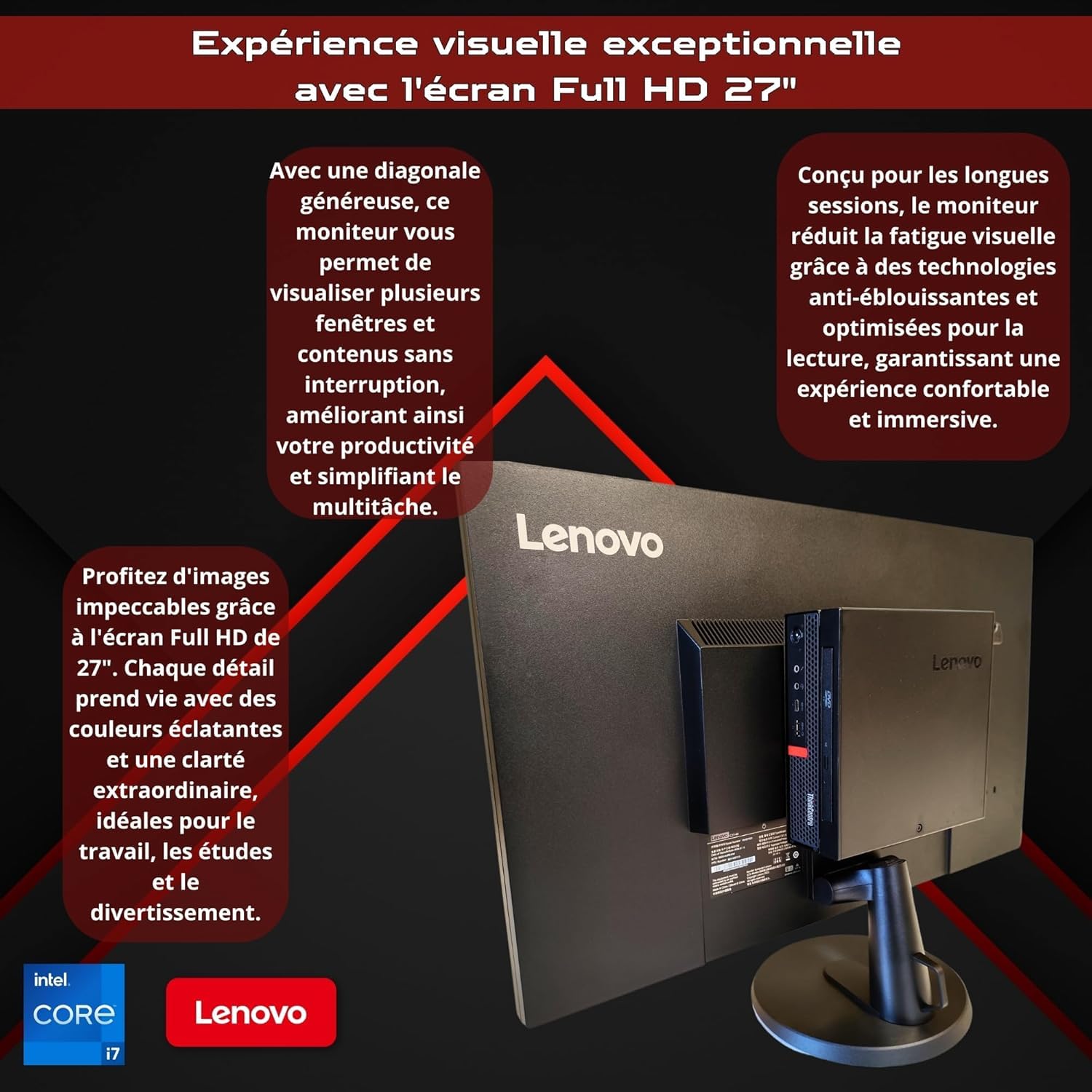 Lenovo Ordinateur 27 pouces Core i7 jusqu'à 4,00 GHz 32 Go Ram 512 Go SSD Win 11 Pro Office 2021 Pro DvD RW Garantie 36 mois
