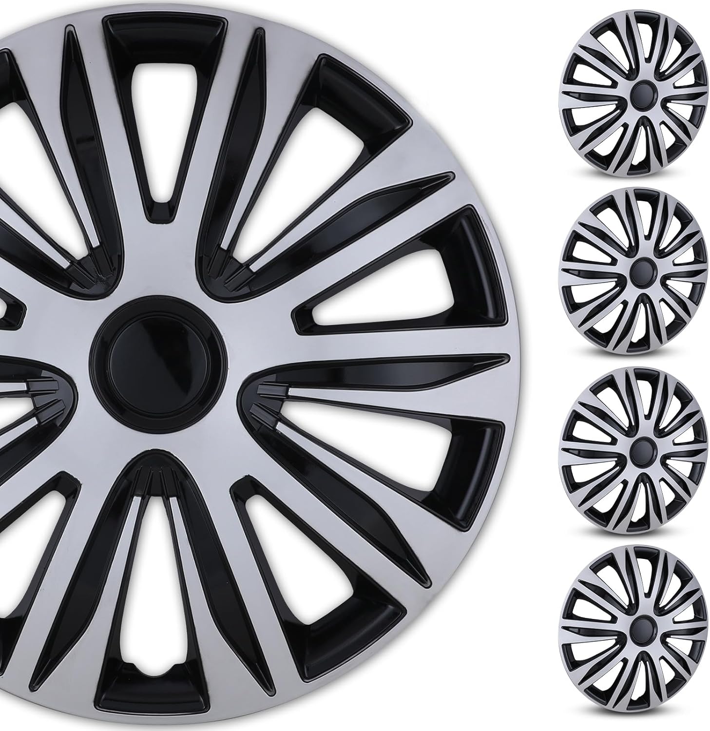 WOLFSTORM 4-Pack 15 Inches Wheel Rim Cover Hubcaps,Redesign Fashion Style Replacement Hubcaps,Car Truck SUV Hub Accessories, Silver&Black