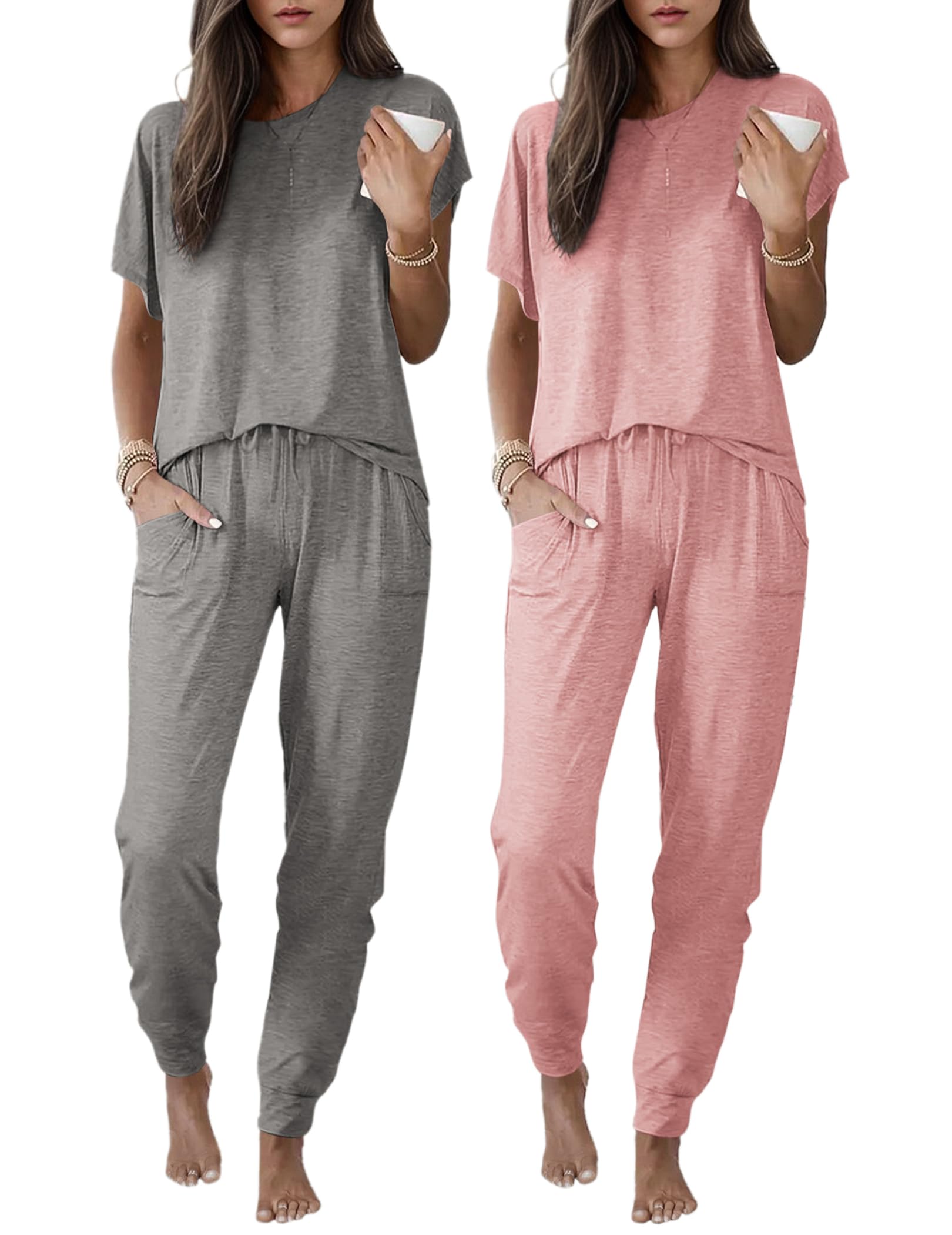 Ekouaer 2 pack Pajama Sets for Womens Jogger Pants Pjs Short Sleeves Lounge Set Soft Sleepwear with Pockets