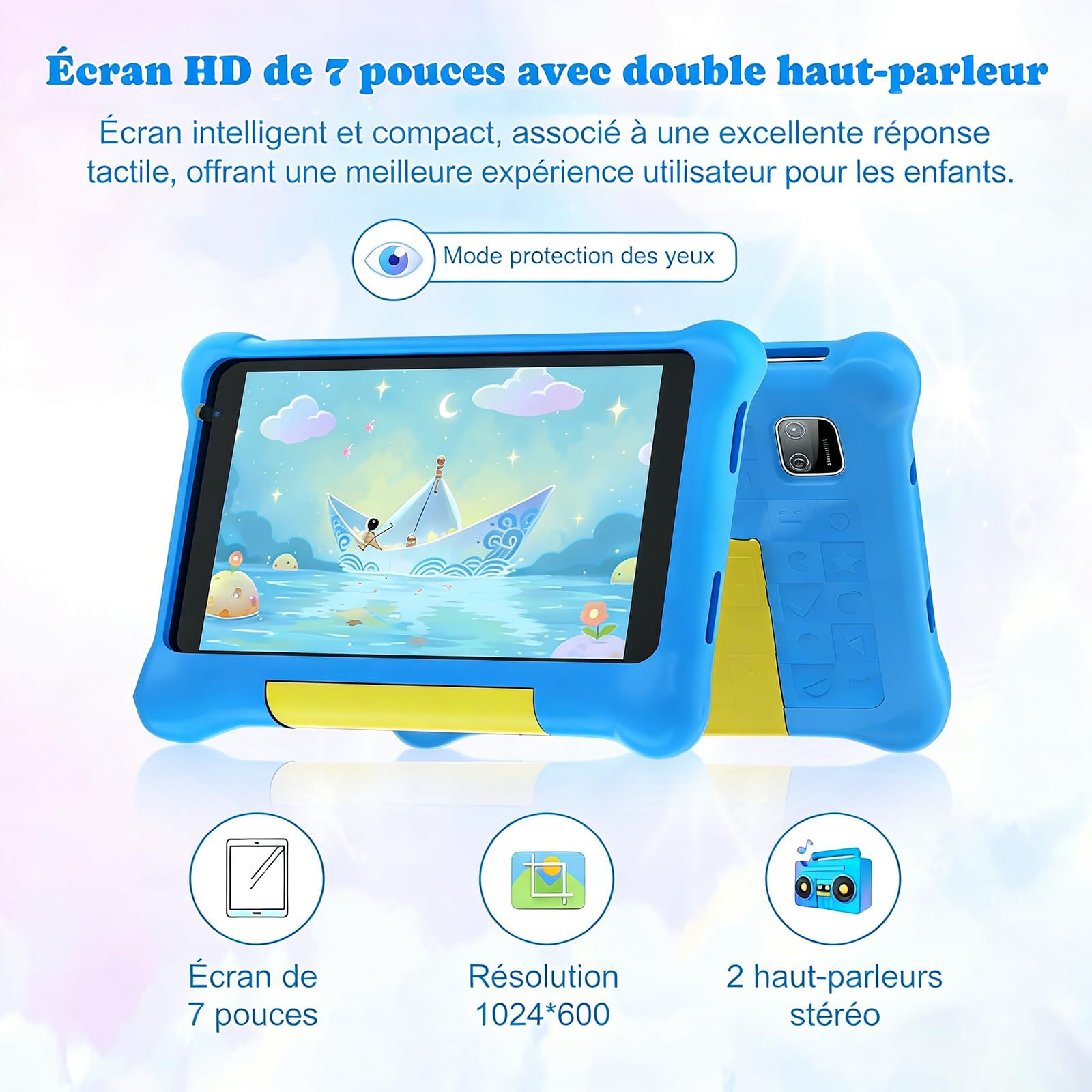 Tablette Enfants 7 Pouces Android Tablette Éducative pour Enfant avec Écran HD 5 Go RAM + 32 Go ROM (TF 128 Go) Contrôle Parental WiFi, Bluetooth Cadeau Fille Garçon avec Étui Antichoc (Bleu)