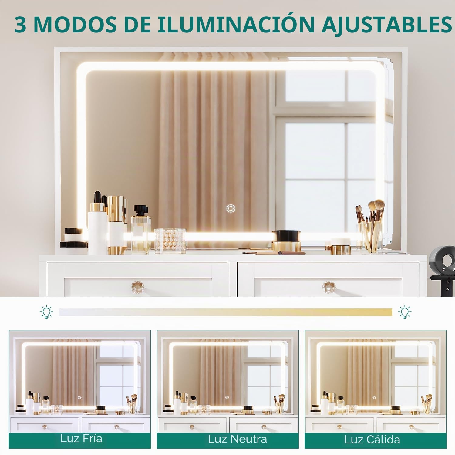 YITAHOME Tocador con iluminación LED Ajustable y enchufes, tocador con Espejo, tocador con cajones divididos, Escritorio Transparente, Blanco