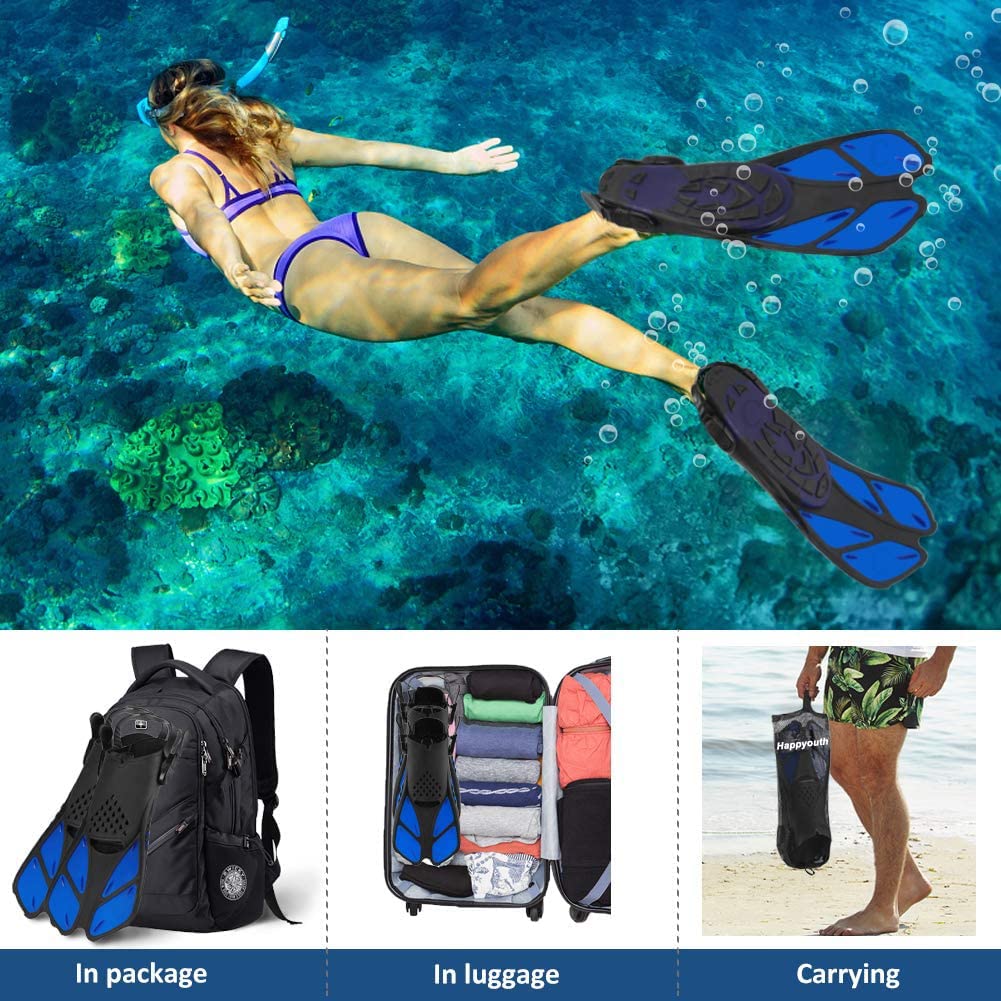 Aletas de esnórquel, talón abierto, aletas de natación ajustables, tamaño de viaje, aletas cortas con bolsa de malla para esnórquel, buceo, natación, adultos, hombres, mujeres, niños,
