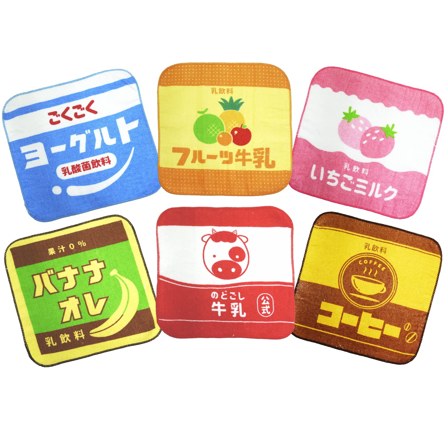 Amazon.co.jp: レトロ 牛乳 ミニ タオル ハンカチ 6柄 各1枚セット 