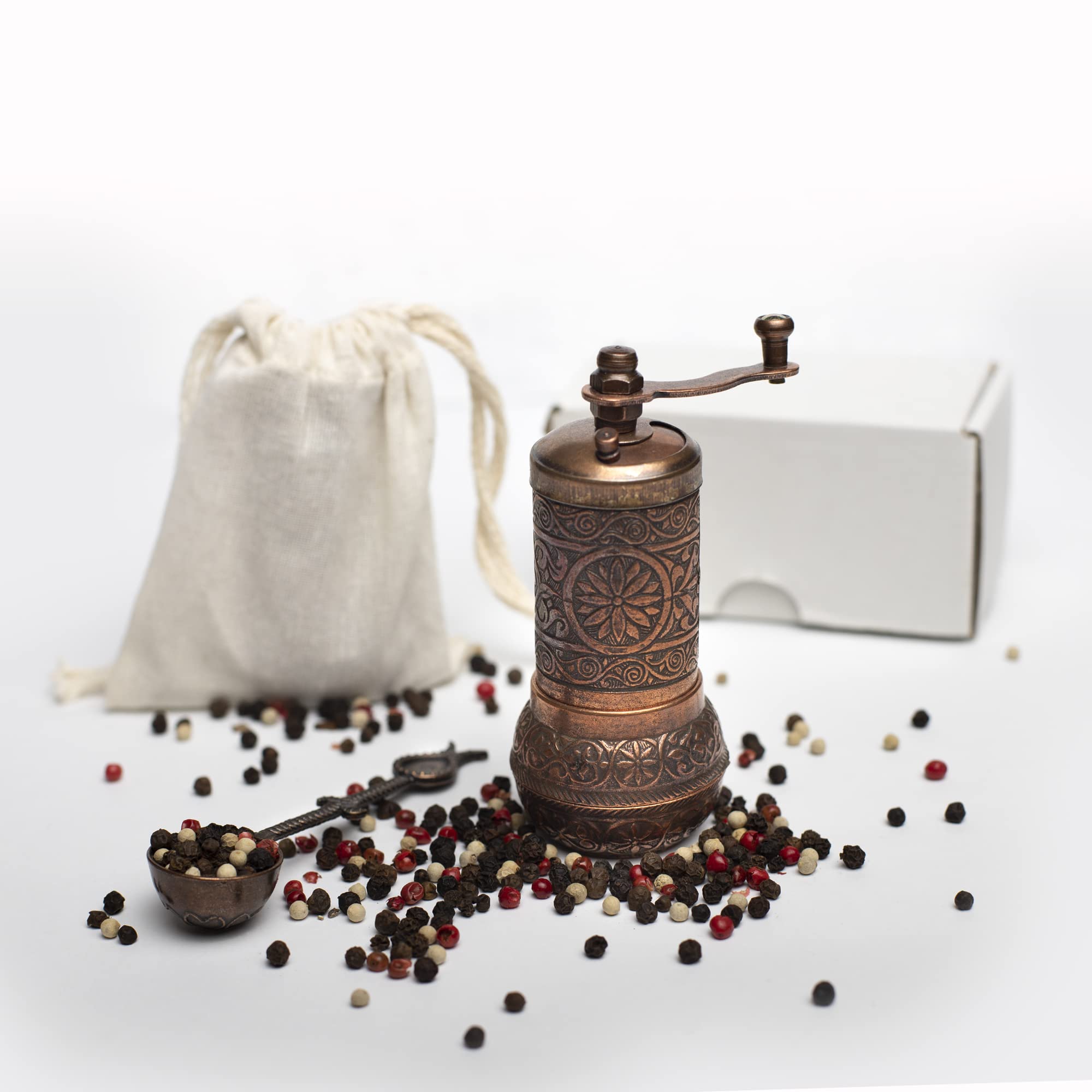 ASAR Ottomania Pepper Grinder, Turkish Grinder, Black Pepper And Salt Grinder, Pepper Mill, Manuel Grinder, Antique Copper Grinder Metal with Hand Crank, 1.4 x 1.4 x 4 inches