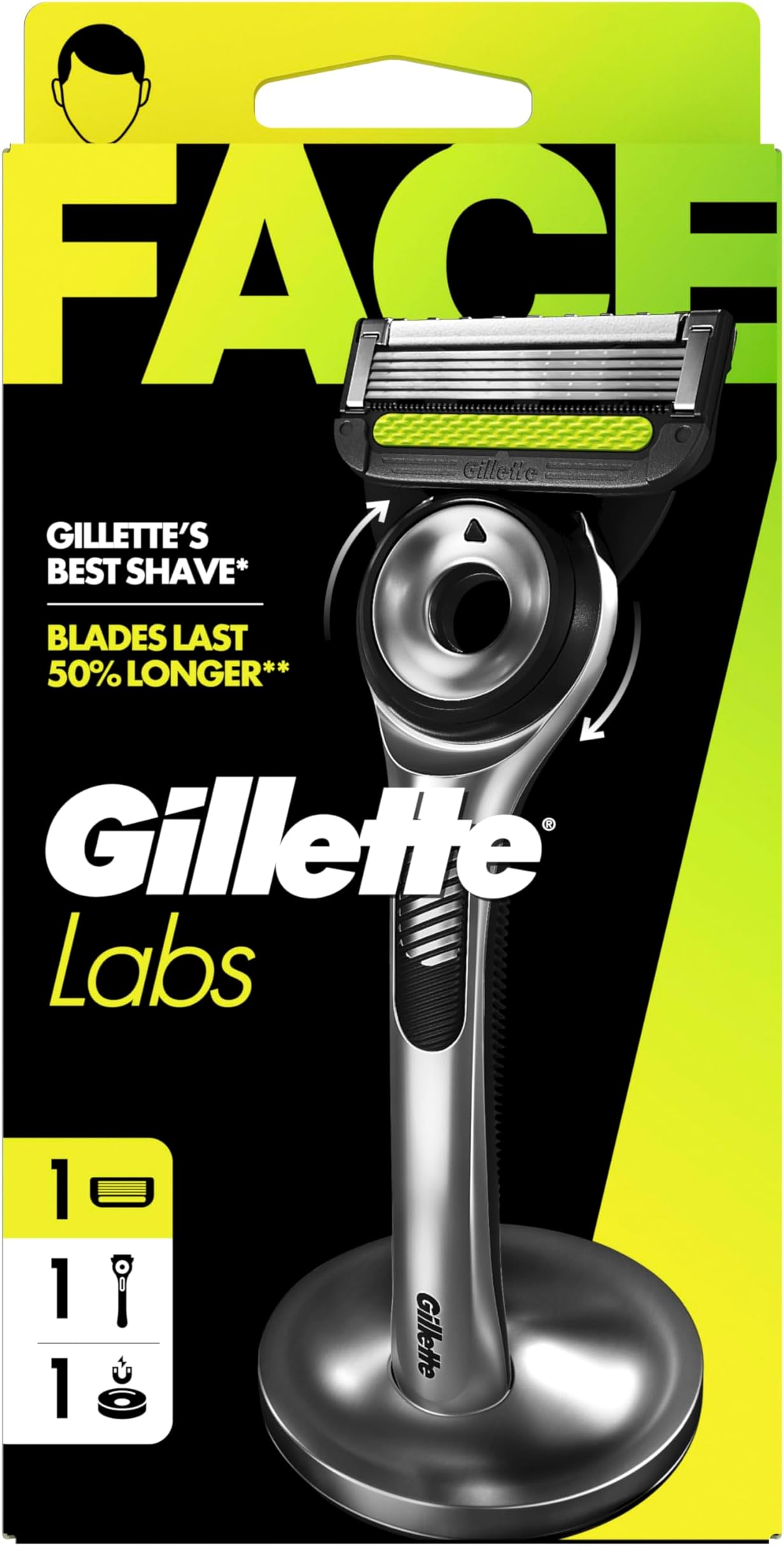 Labs Men's Razor + 1 Razor Blade Refill, with Exfoliating Bar, Includes Premium Magnetic Stand