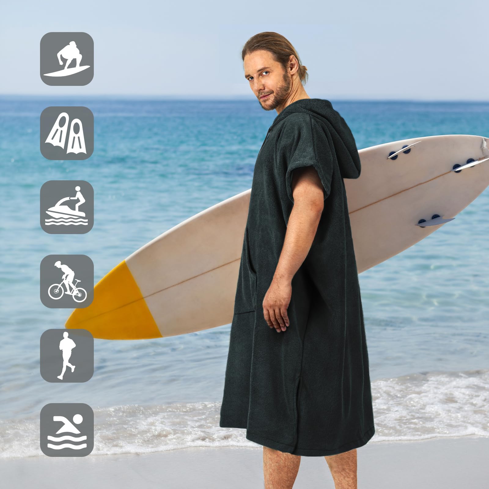 Surf Poncho Wickelmantel, extra groß, dick, Handtuch-Poncho für Damen und Herren, mit Kapuzentasche für Strand, Schwimmen, 119,4 x 94 cm, Schwarz