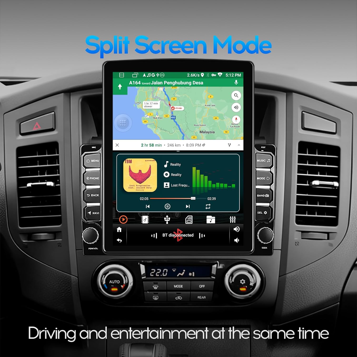 Screenshot of the WENMENGDE car radio display showing split screen mode with a map application on top and a music player on the bottom.