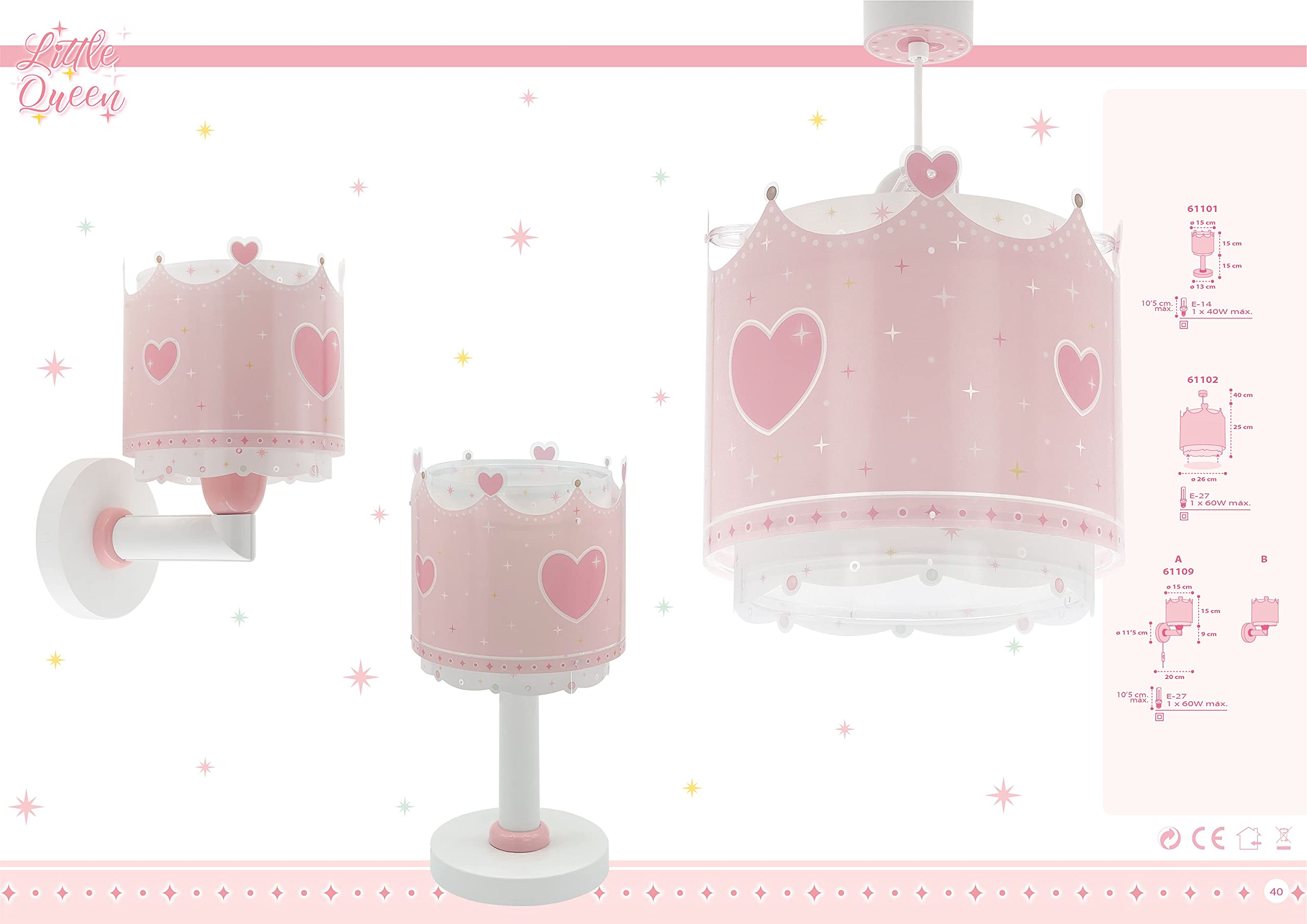 Dalber Lampada da comodino per bambini Little Queen Corona Cuori Rosa (61101)
