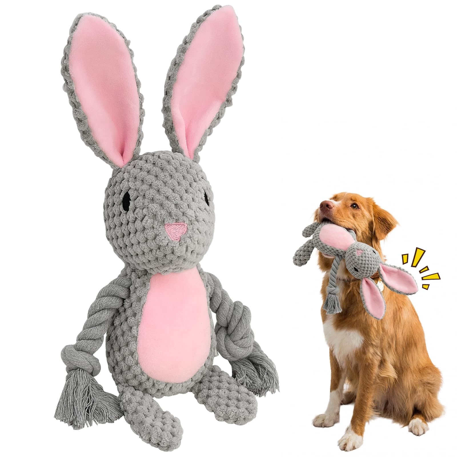 Grauer Hase Hundespielzeug mit Quietsche und Knisterpapier - Plüschtier mit Baumwollseil für Tauziehen - Interaktives Kuscheltier für Welpen, kleine & mittelgroße Hunde - Ideal als Ostergeschenk