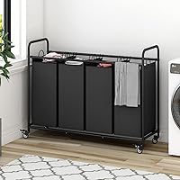 Vista 4 de Clasificador de ropa sucia de 4 secciones con ruedas enrollables resistentes y bloqueables, bolsas extraíbles, separador de cestas