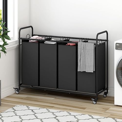 Miniatura 4 de Clasificador de ropa sucia de 4 secciones con ruedas enrollables resistentes y bloqueables, bolsas extraíbles, separador de cestas para