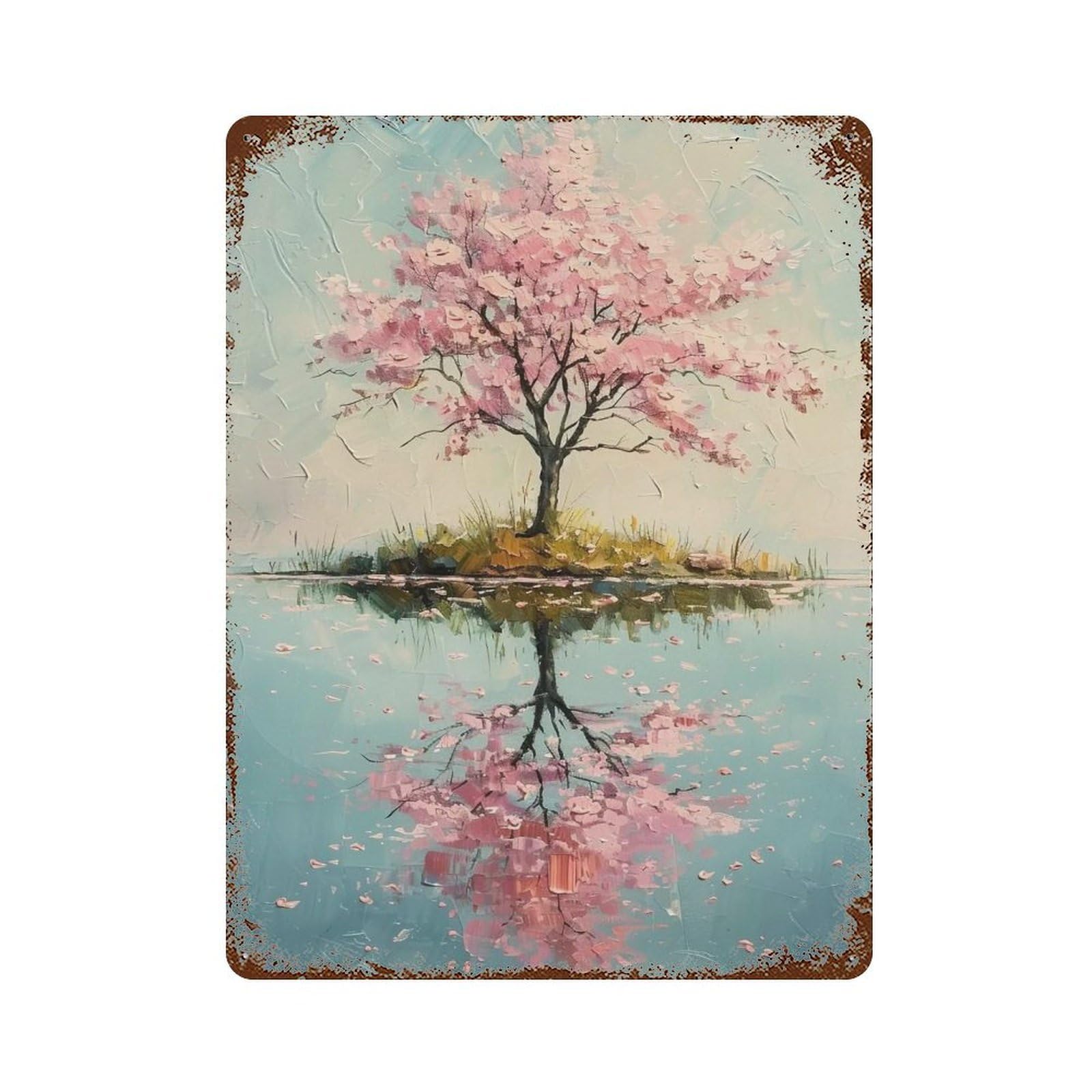 HDURYEYRYY Impasto Sakura Island Mirror Lake 03 Wall Retro Iron Vintage Art Metal Tin Sign Poster Modern Home Cofffee Club Art Bar Shop Decor Style 40x30cm