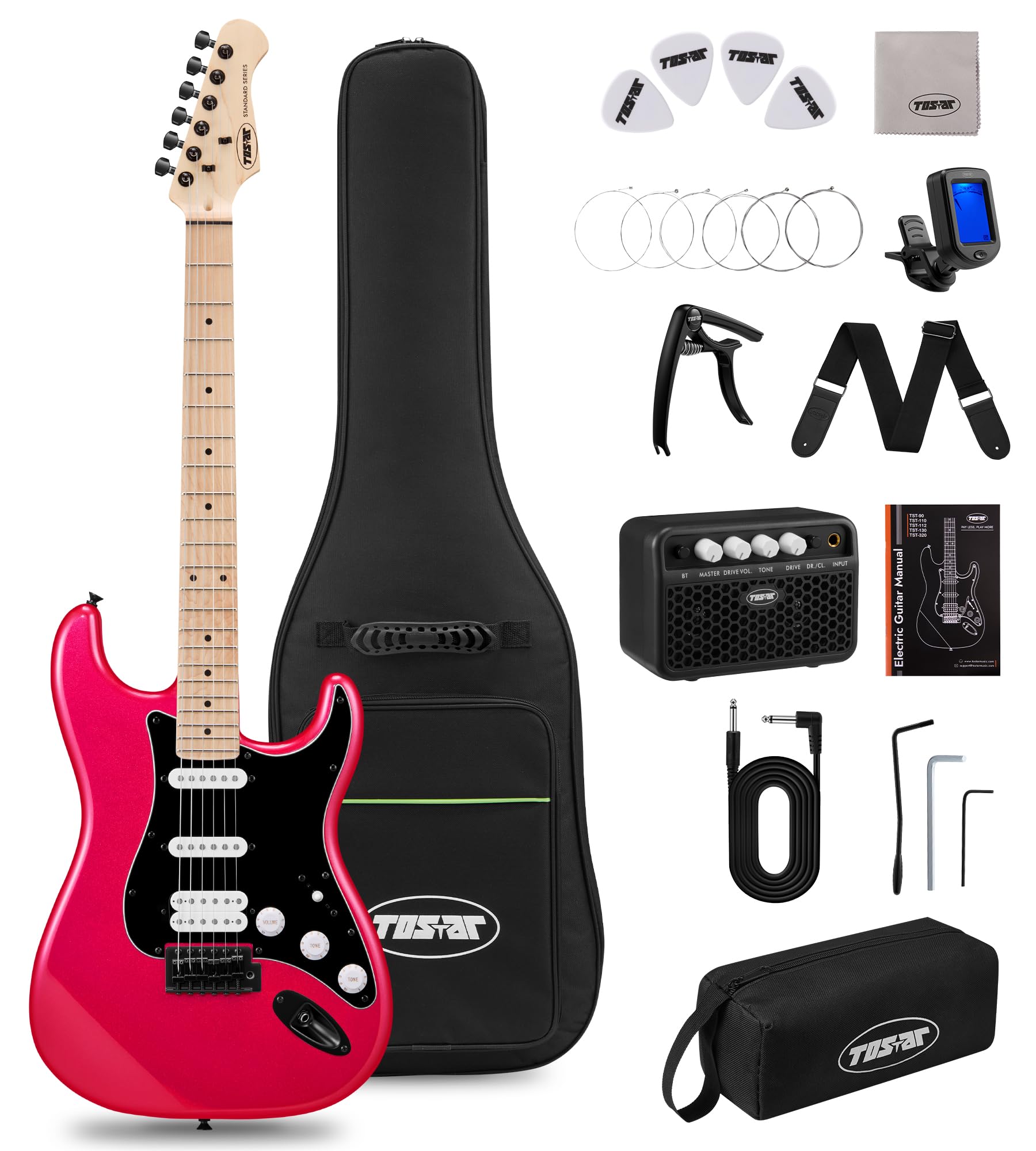 Tostar 39" HSS Electric Guitar Kit with Amp for Beginners-Sparkle Red