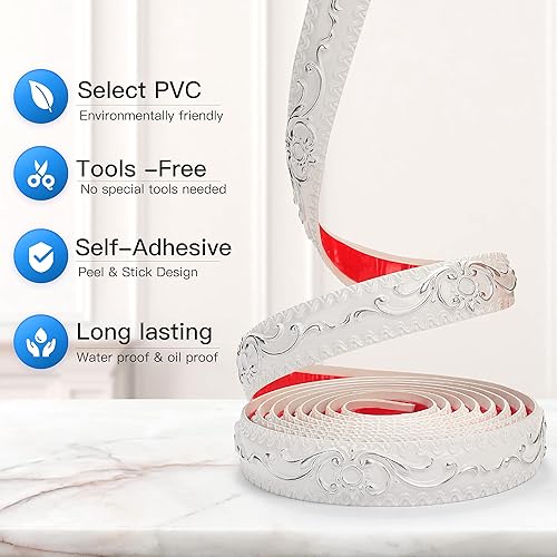 Miniatura 4 de Fubeasi Marco de puerta autoadhesivo de PVC de 164ft con bordes de papel para pared impermeable para decoración del hogar blanco  plateado