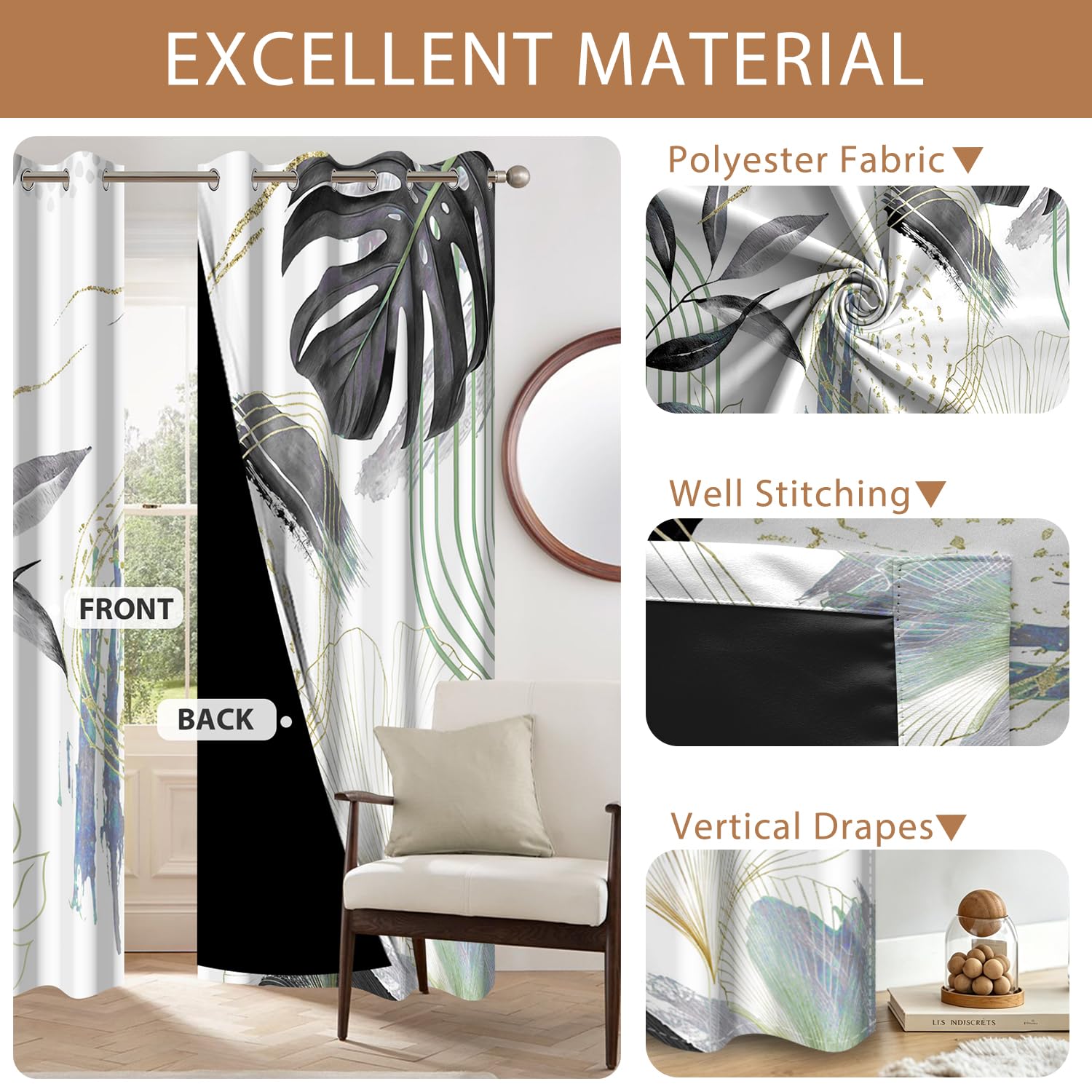 Rideaux Occultant Noir, Rideaux Occultant Tropical Boheme Feuilles de Palmier Rideau Thermiques Isolants Anti Froid et Chaleur Rideau à Oeillets pour Chambre Fenêtre, Lot de 2, 140x200cm