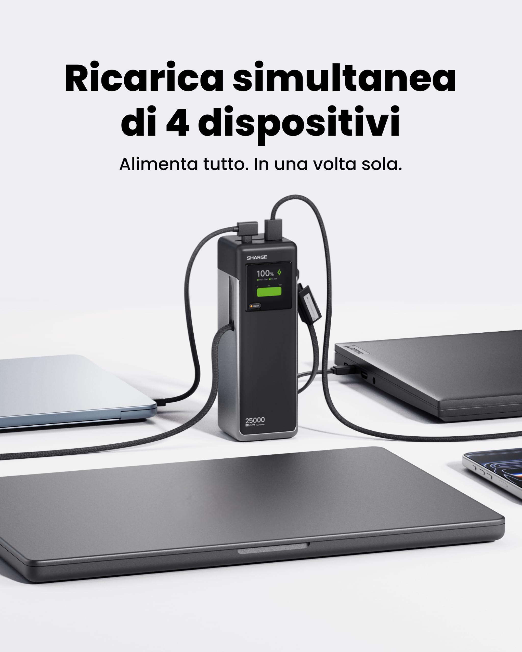 sharge Power Bank Portatile 170W, HyperTower 170 Caricatore Rapido 25000mAh con Cavi Integrati Retrattili, Display TFT Smart, 4 Porte USB (WH-EU)