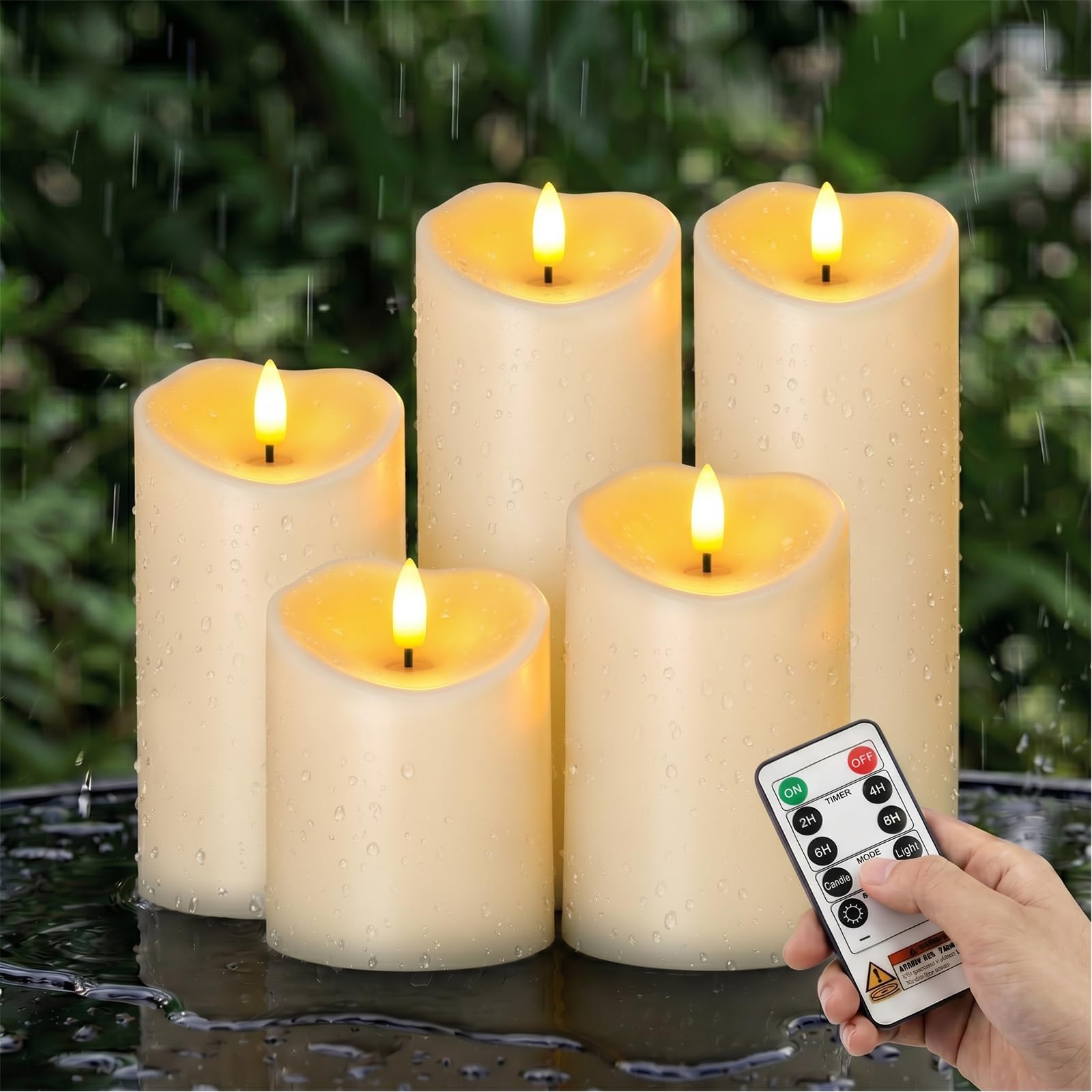 AMAGIC Lot de 5 bougies LED sans flamme étanches à piles avec télécommande et minuterie, pour décoration d'intérieur, ivoire foncé