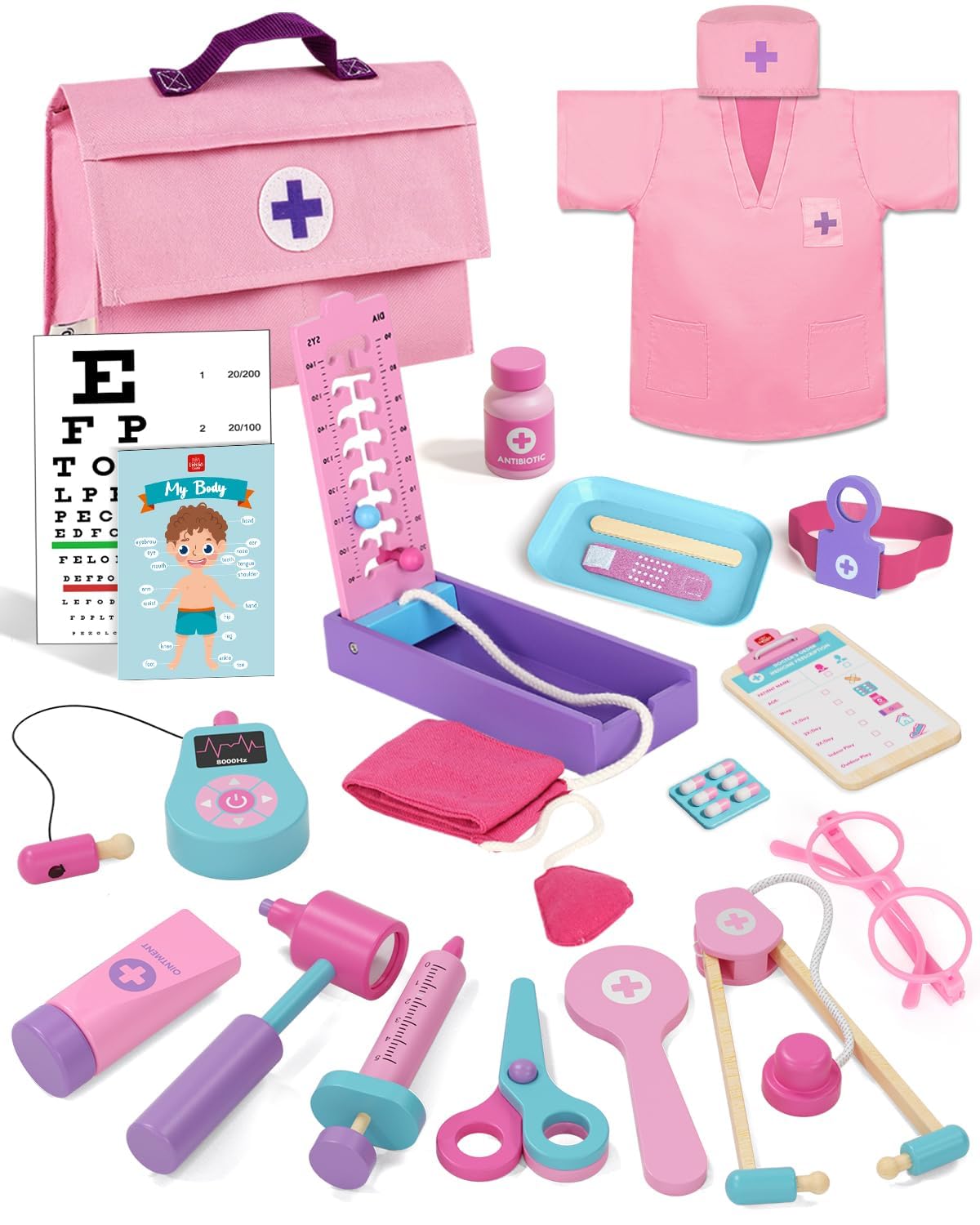Lehoo Castle Doctors Set for Kids, 3 Year Old Girl Toys, Wooden Kids Doctors Kit with Nurses Costume, Toys for Girls 3+ Years（Pink）