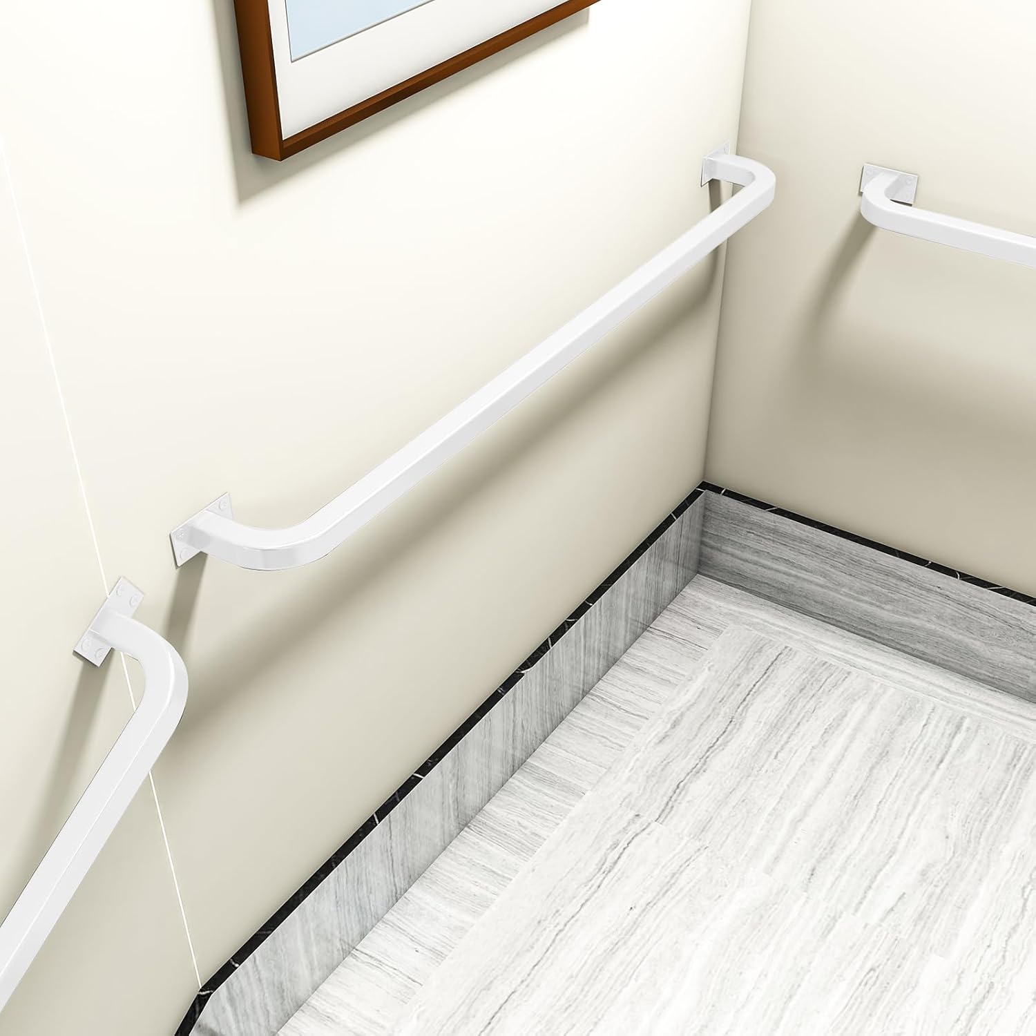 4FT White Iron Hand Railing, Sturdy Safety Staircase Handrails Wall Mount, 500lbs Load Capacity Industrial Handrail for Indoor Stairs, Outdoor Deck, Loft, and Porch. Non-Slip and Rust-Resistant