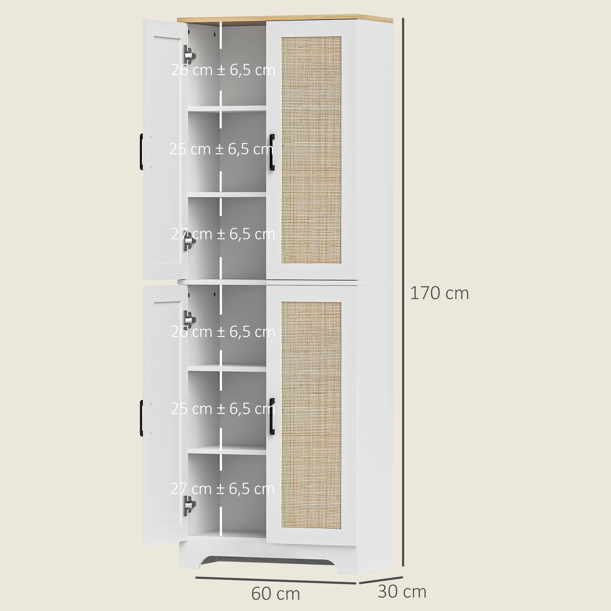HOMCOM Alacena de Cocina con Estantes Ajustables 60x30x170 cm Blanco | Aparador de Cocina, Puertas de Ratán, Sistema Antivuelco