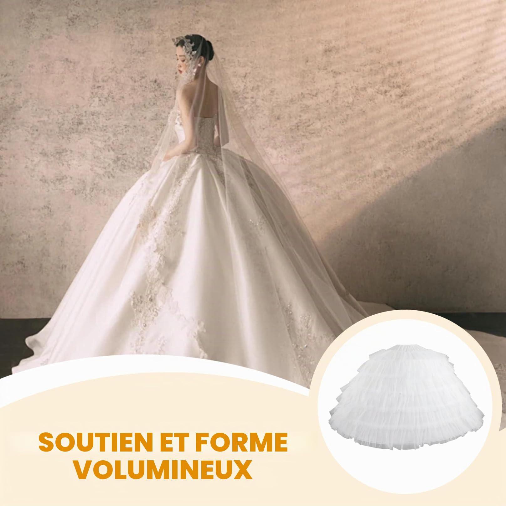 Jupon Jupe 6 Cerceaux Jupon Tulle 43 Pouces de Long Jupons pour Femmes sous Robe Jupe de mariée réglable pour Robe Bal Mariage Cérémonie Bal Promo Tulle