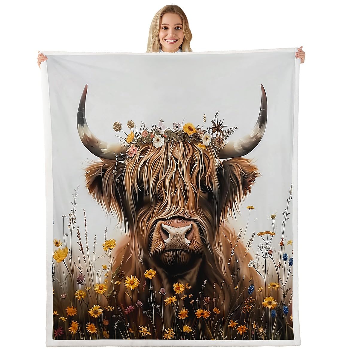Homewish Highland-Rinder Teenager Fleecedecke 150x200cm Highland-Kuh Kuscheldecke für Kinder,Landwirtschaftliches Bauerntier Decke Floral Longhorn Bull Bett Sofa Couch Dekorative Decken