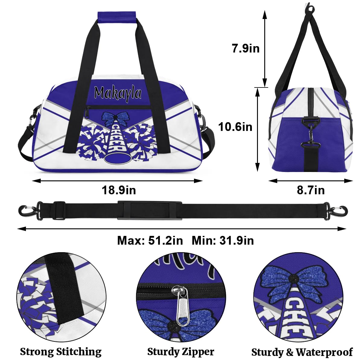Voloreju Personalized Girls Cheerleader Bag with Name Customized Kids Cheer Bag Foldable Sports Travel Bag