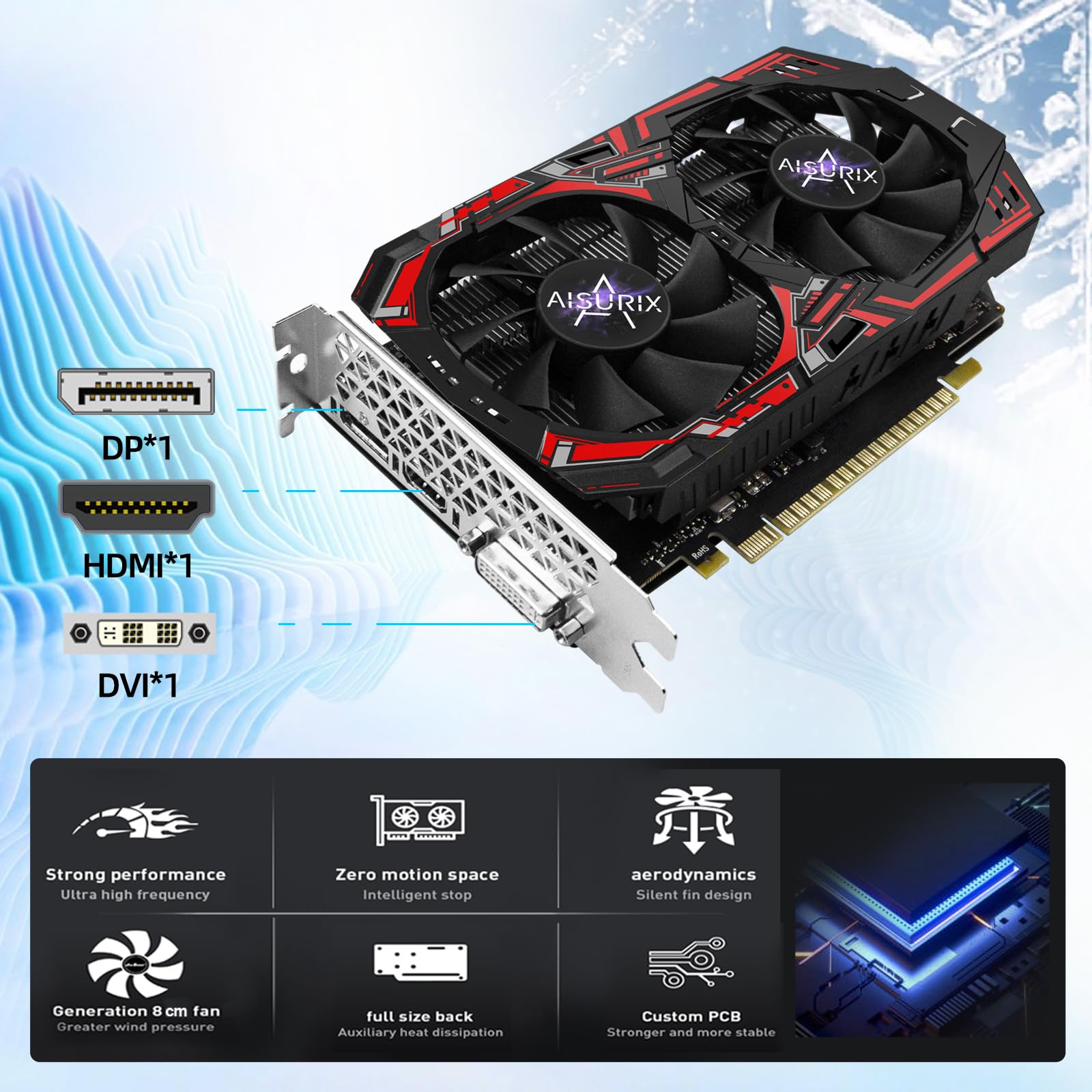 AISURIX Tarjeta gráfica GTX 1050 Ti 4G, tarjeta gráfica GDDR5 PCI Express 3.0 de 128 bits, tarjeta gráfica DVI DP HDMI con ventiladores de congelación gemelos GPU para PC de juegos y uso diario en la