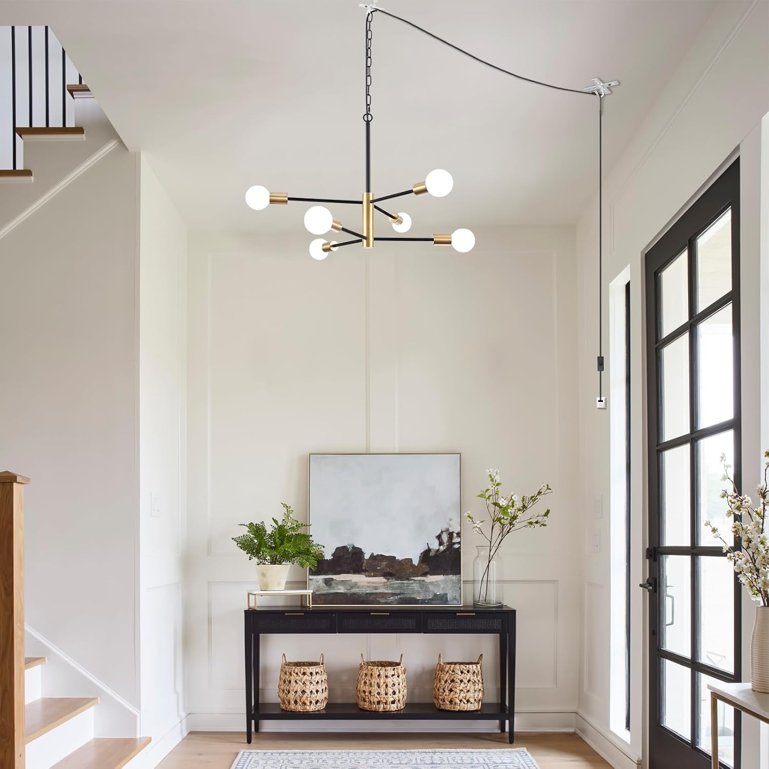 Plug in Chandelier Lighting with Long Cord, 6 Lights Modern Hanging Lights with Plug in Cord 15.09ft&On/Off Switch, Hanging Lamp Plug in Pendant Light Fixture for Dining Room Bedroom Kitchen