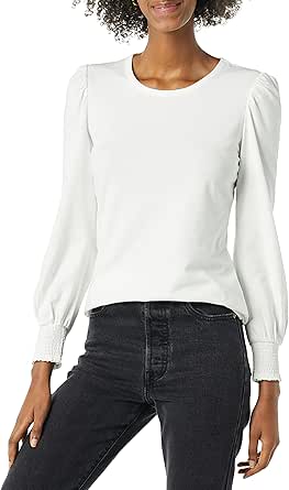 Amazon Essentials Damen Langarm-T-Shirt mit Rundhalsausschnitt und gesmokten Bündchen, Wei�x, M