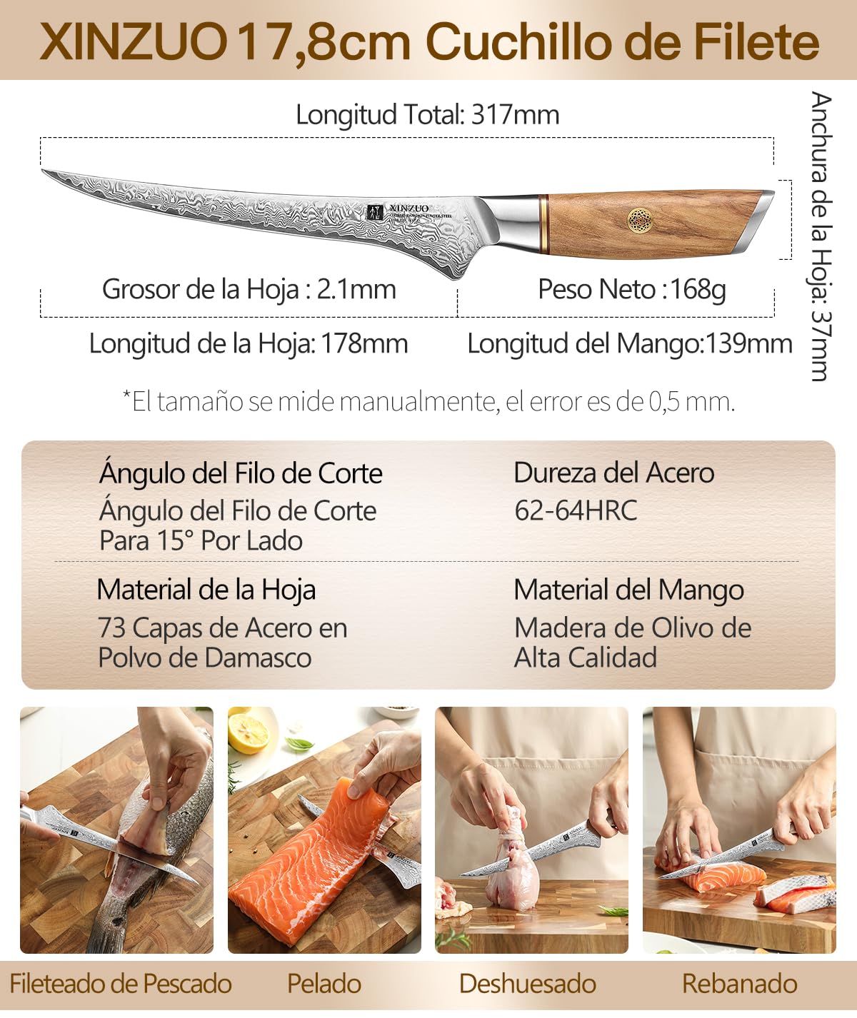 XINZUO Cuchillo de Filete 17,8cm Acero Damasco 73 Capas Mango Olivo