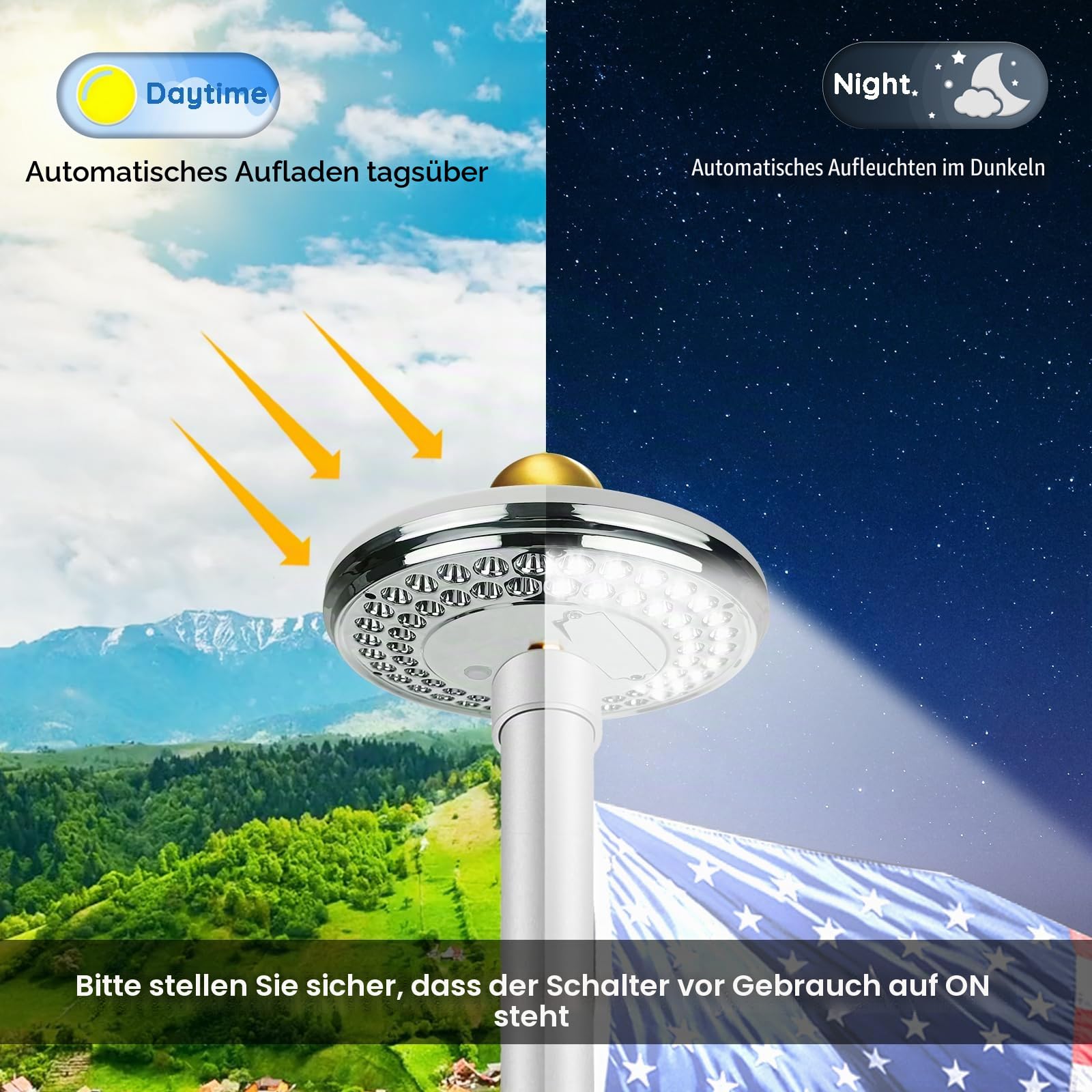 Solar-Fahnenmast der 2. Generation, 60 LEDs, superhelles Fahnenmast-Solarlicht, 30 % heller, IP65 wasserdicht, für 3.8 bis 7.5 m Boden-Teleskop-Fahnenstangen (Deluxe, silberfarben) )