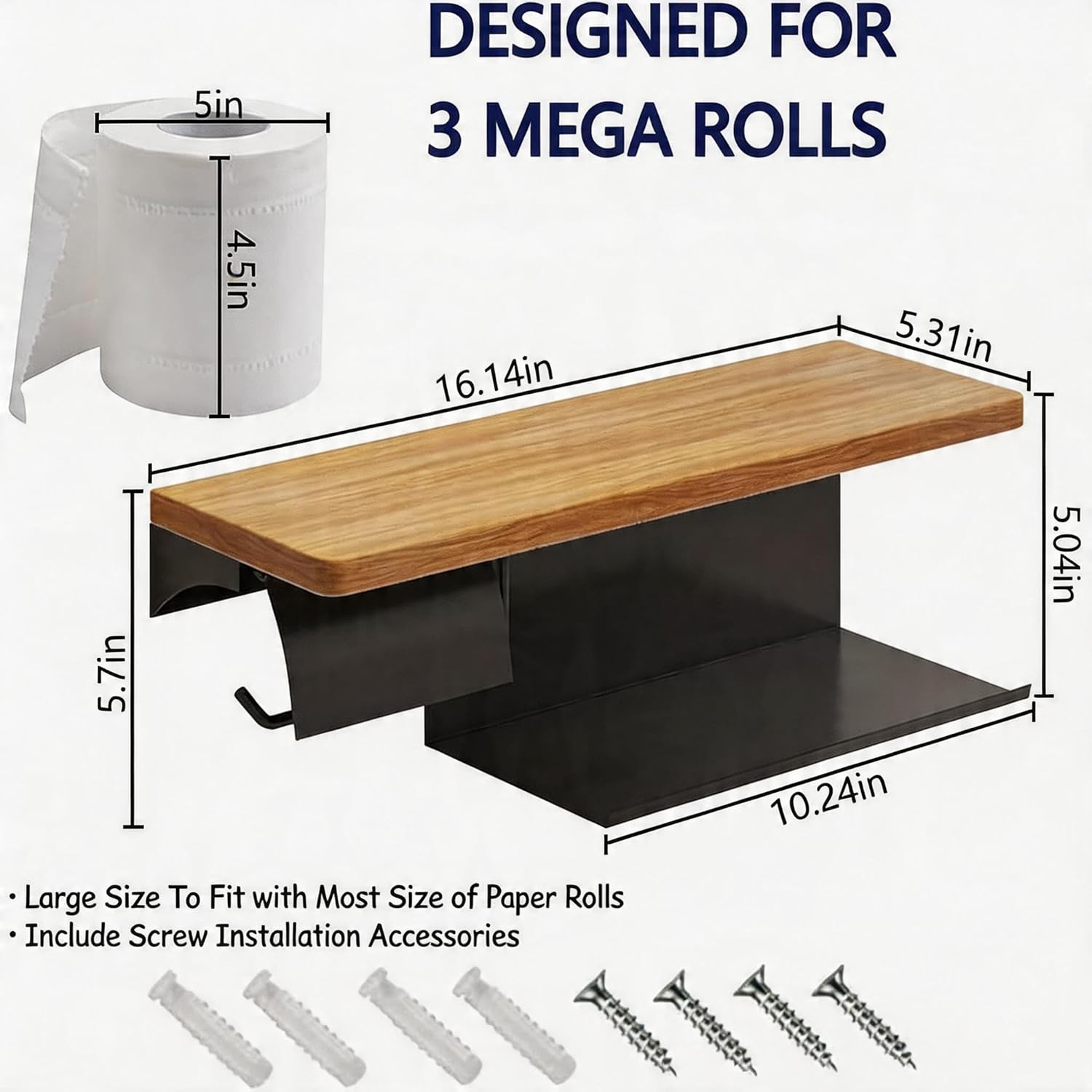 Toilet Paper Holder with Storage, 304 Stainless Steel Wood Toilet Paper Holder Wall Mount, Black Toilet Paper Holder with Shelf Rack for Bathroom, Adhesive Toilet Paper Roll Holder