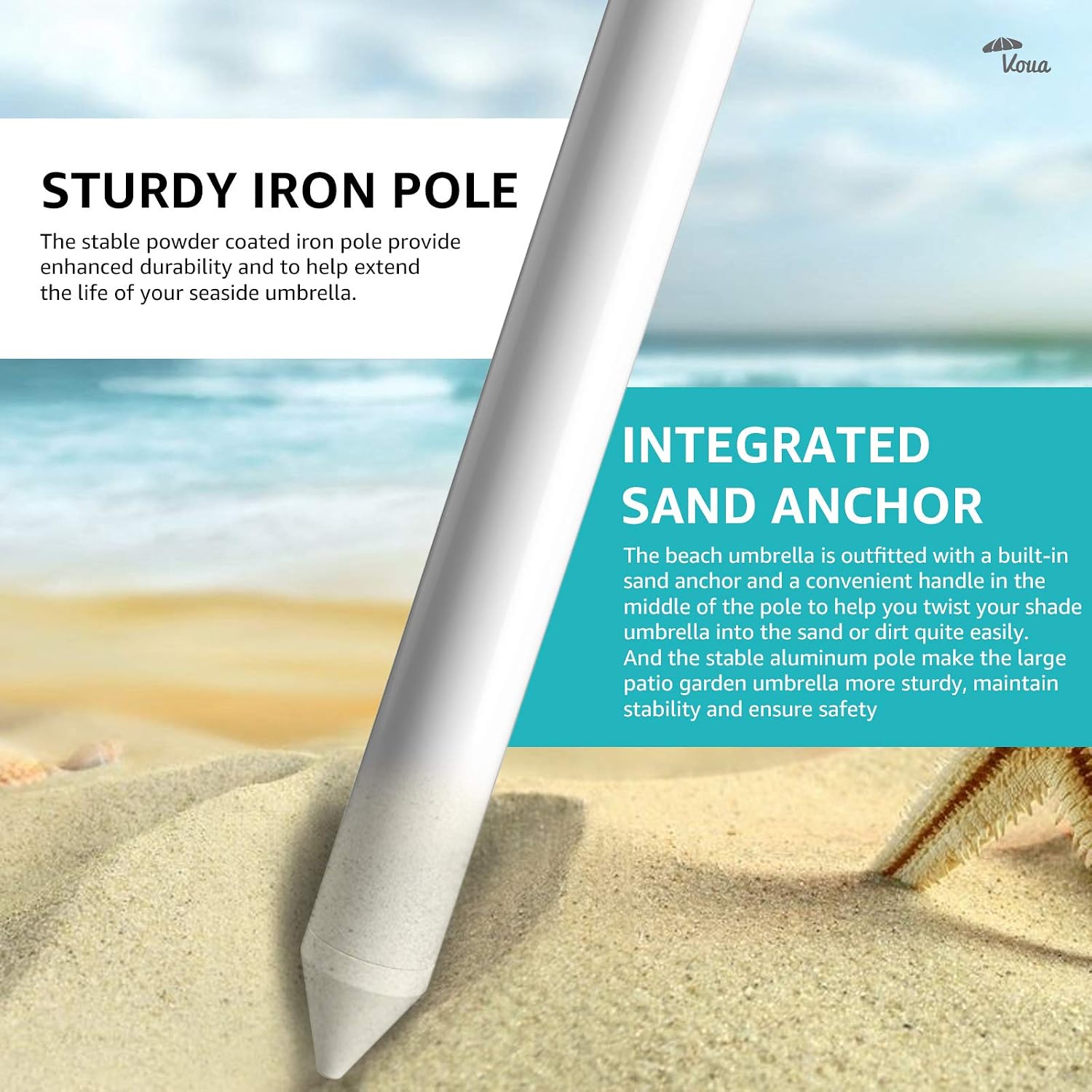 VOUA 6.5ft Beach Umbrella with Sand Anchor & Push Button Tilt Portable Patio Sunshade Umbrella Outdoor Umbrella with Carry Bag UV Protection for Patio Garden Beach Pool Backyard, Sky Blue