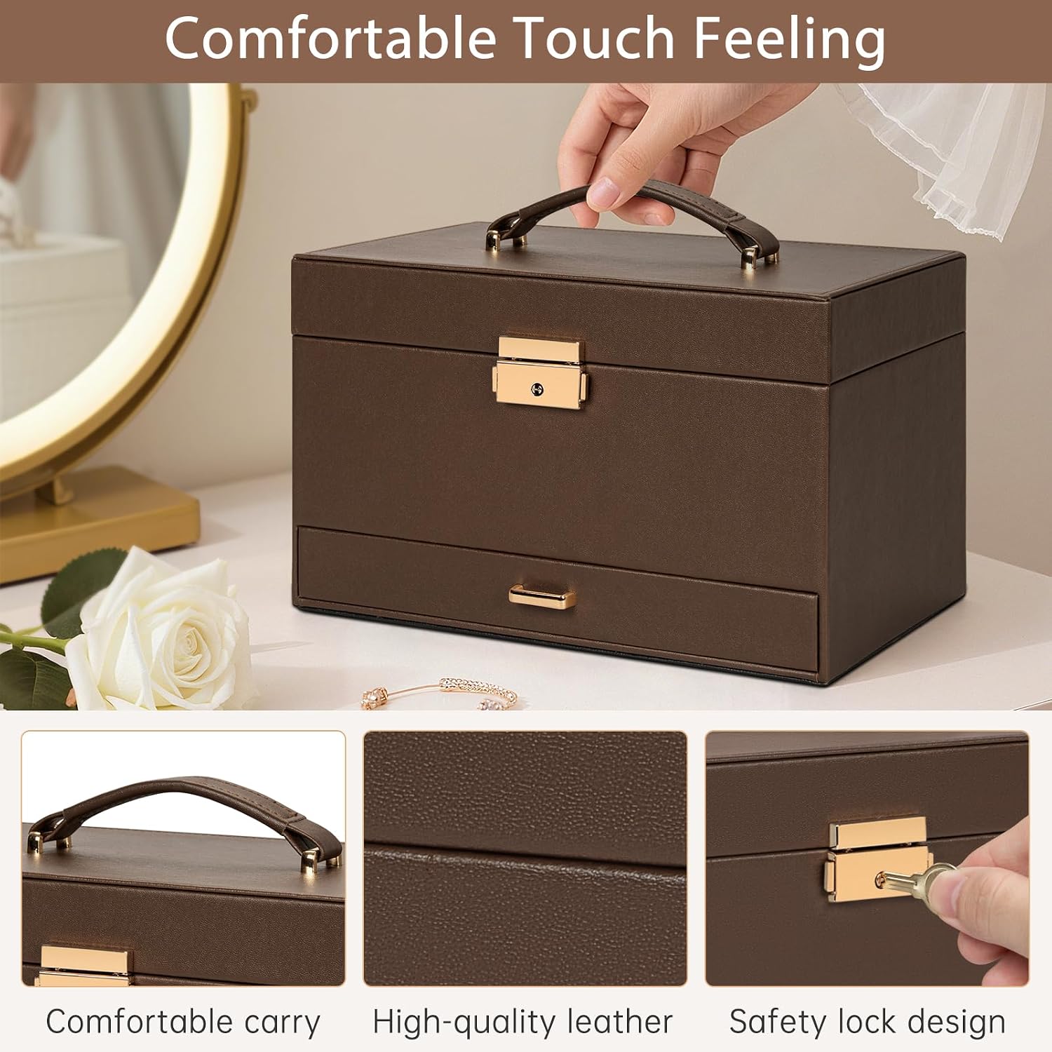 AKOZLIN Travel Jewelry Box Organizer Functional 2-trays Leather Jewelry Storage Case with Lockable Portable Drawer for Women Girls Ring Necklace Earring Bracelet