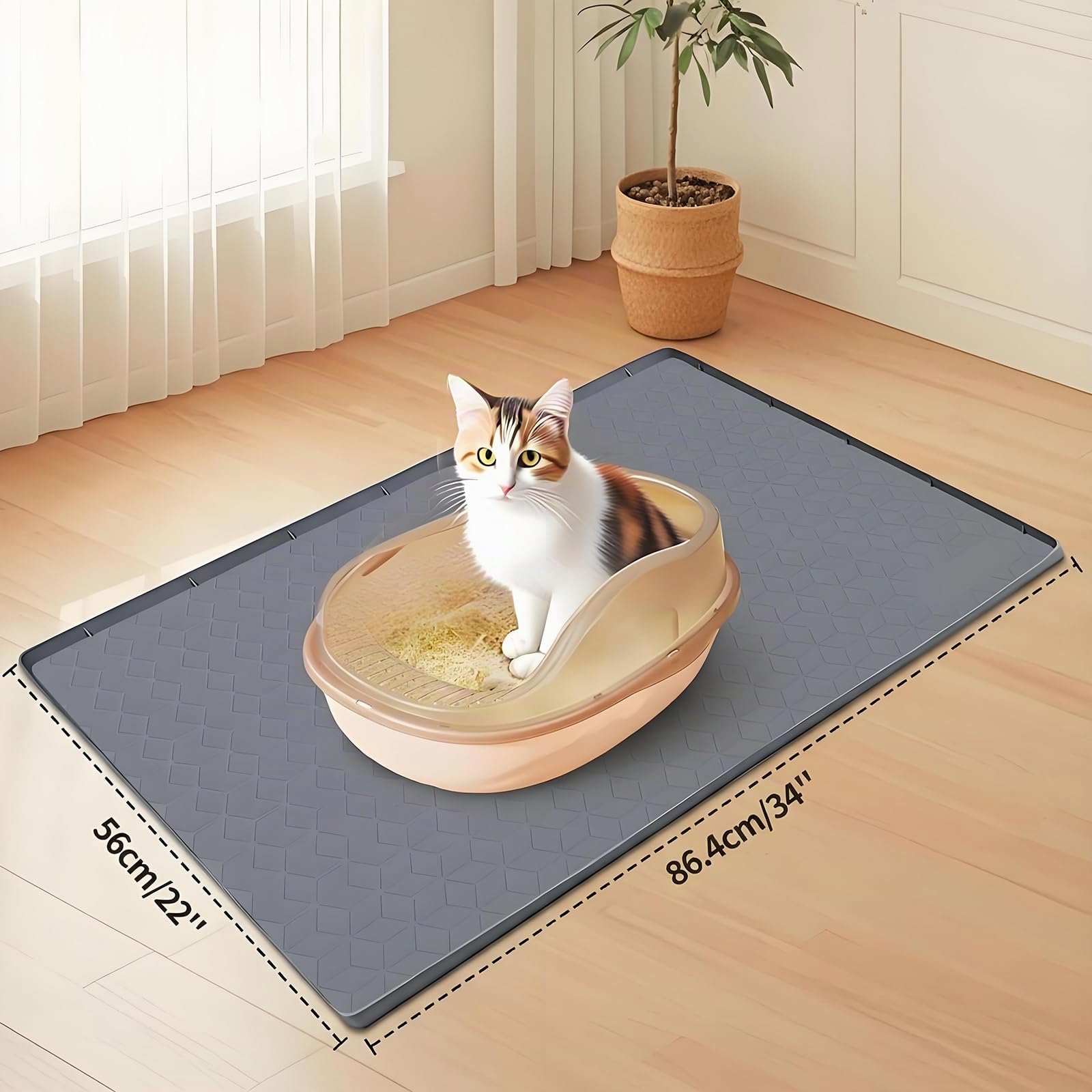 Grand Tapis de Litière pour Chat, 86x56cm (34" X 22") en Silicone pour Bac à Litière, Tapis Imperméable avec Bord Surélevé, Protège-Sol Anti-Traces pour Litière de Chat pour Sols Durs, Facile à