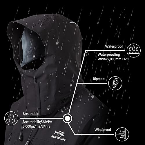 Vista 5 de BASSDASH Valor - Chaquetas de pesca impermeables para hombres y mujeres, chaqueta de lluvia transpirable y resistente al viento